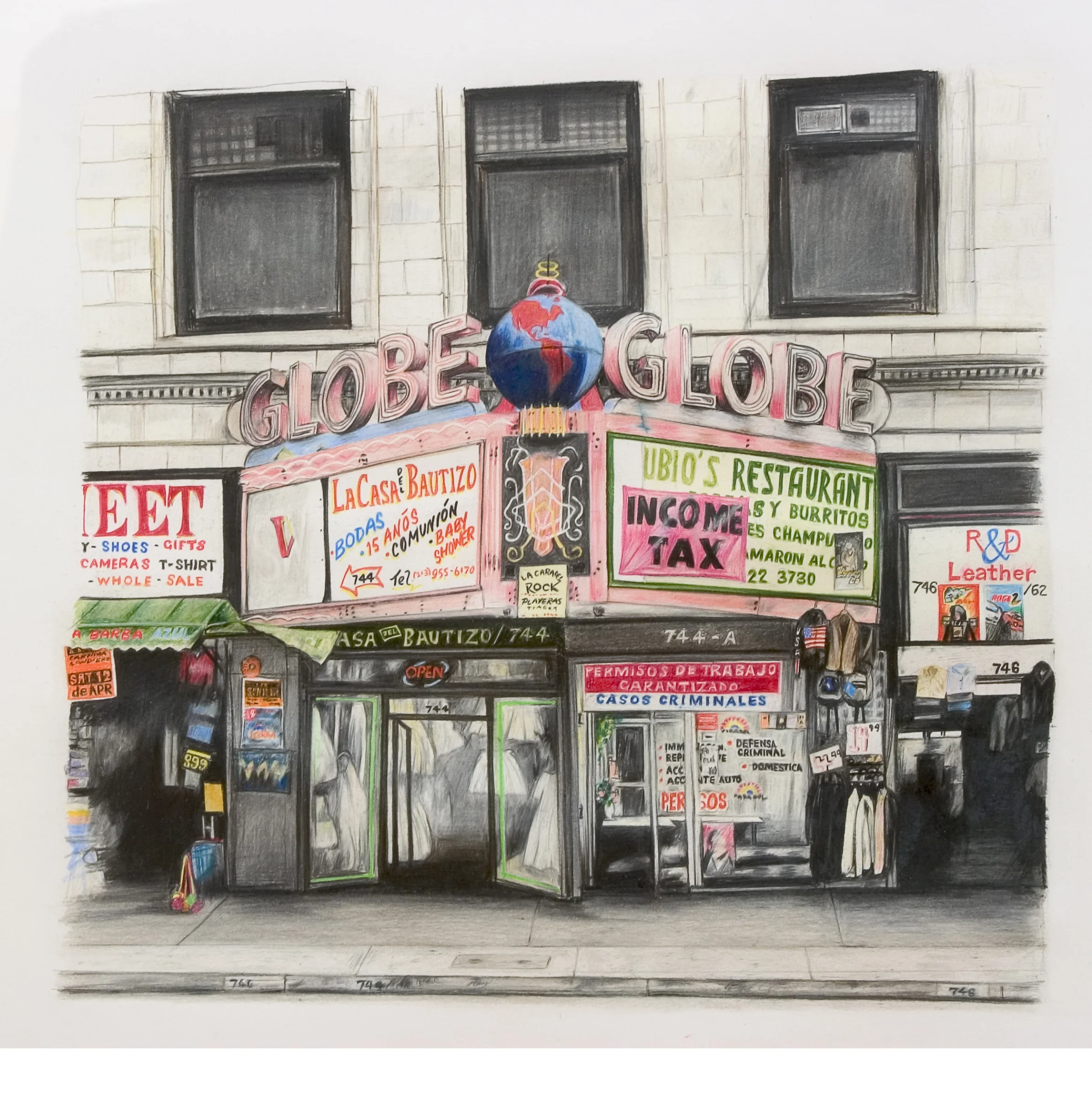  'Broadway Downtown (744 Sth Broadway LA)' (detail),&nbsp;Pencil on paper,&nbsp;90 x 65 cm 