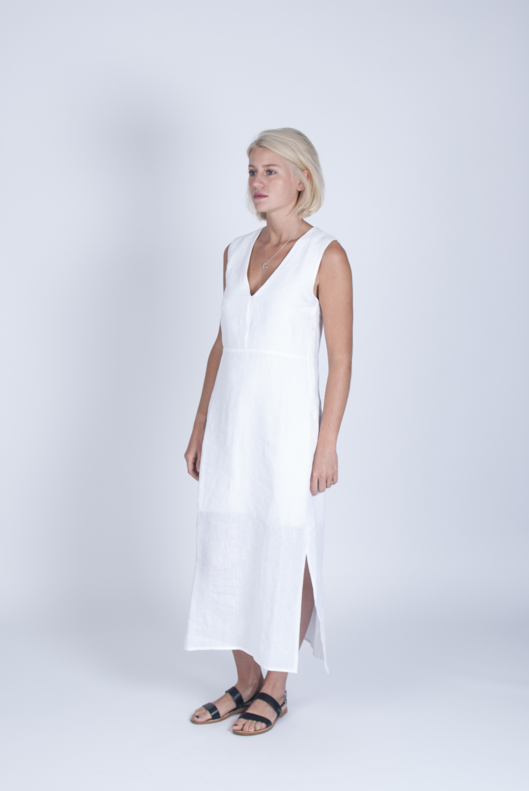 White linen midi dress.