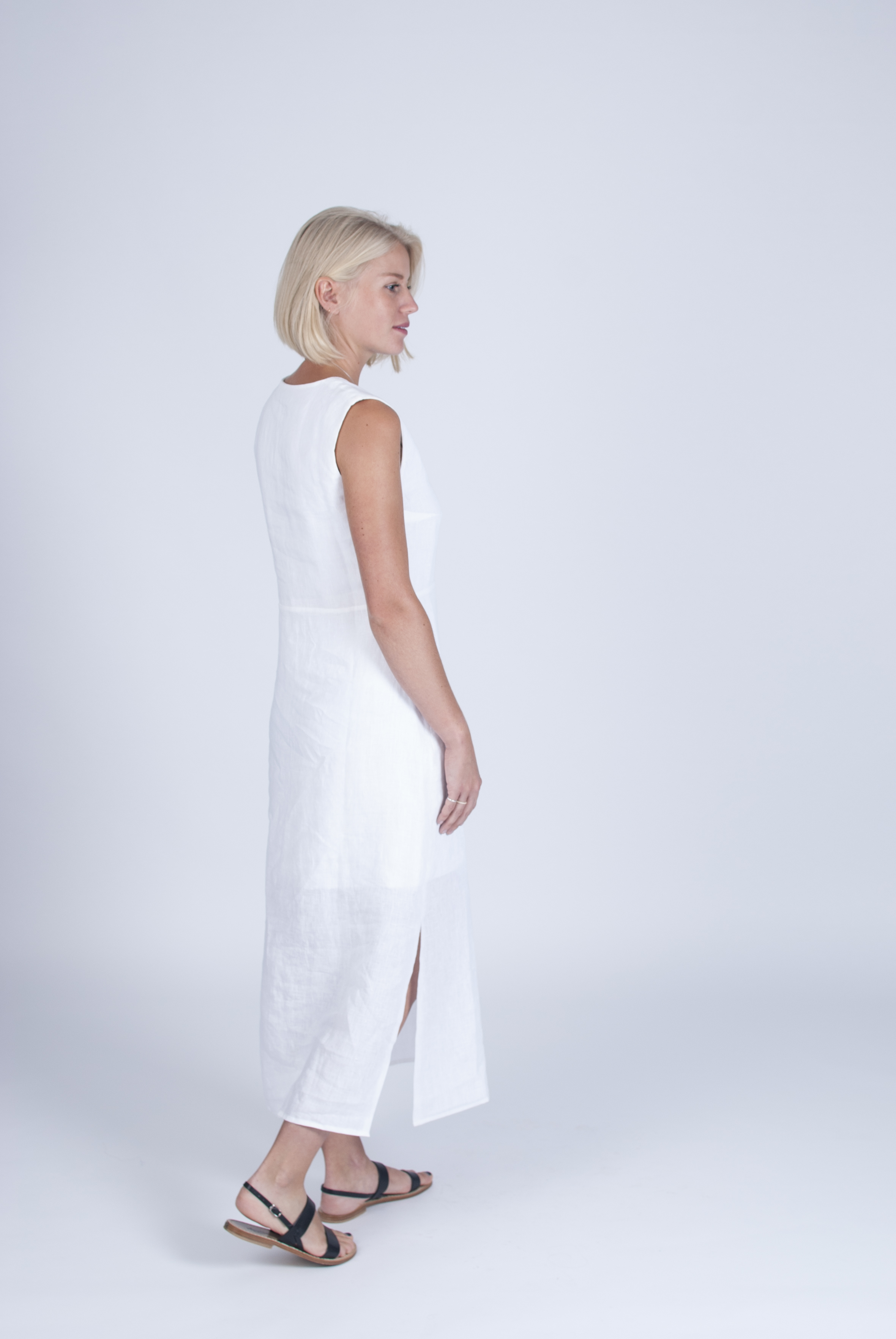Sustainable linen and silk midi dress.