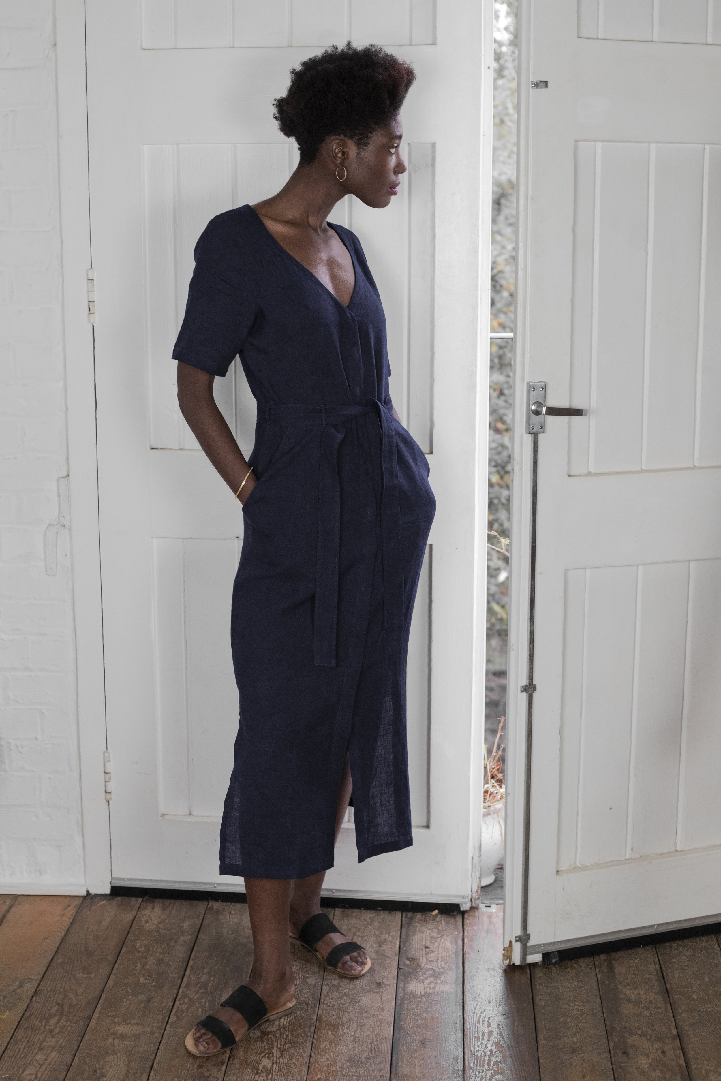 #040 Linen midi dress - navy - 1