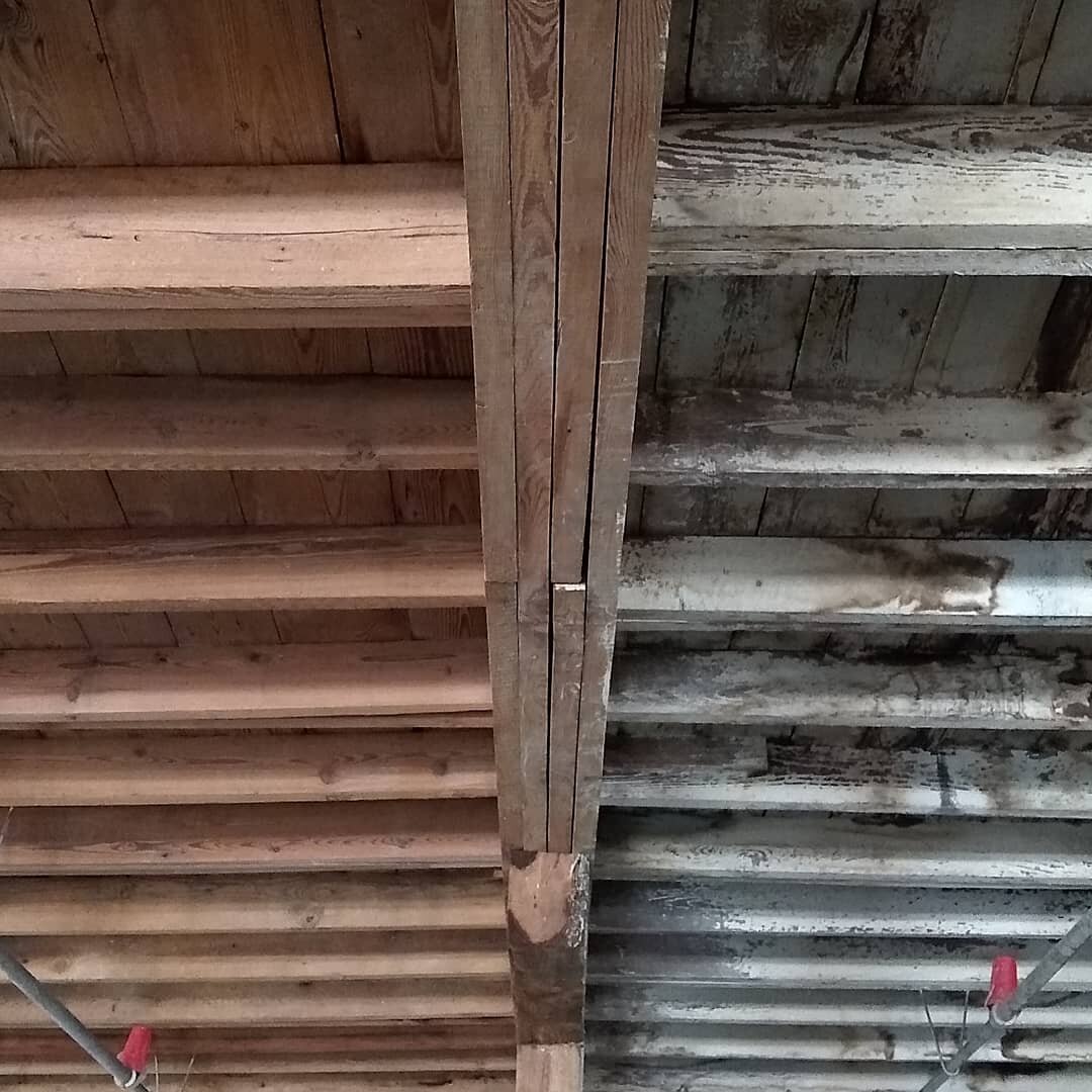 Pressure washed ceiling vs previous.  The new place is being prepped for setup.  Most of it is cleaning, maintenance, and repairs.  Flaking paint and grime creates a coating that is all of ugly, gross, dangerous, and aggravating.  Aggravating because