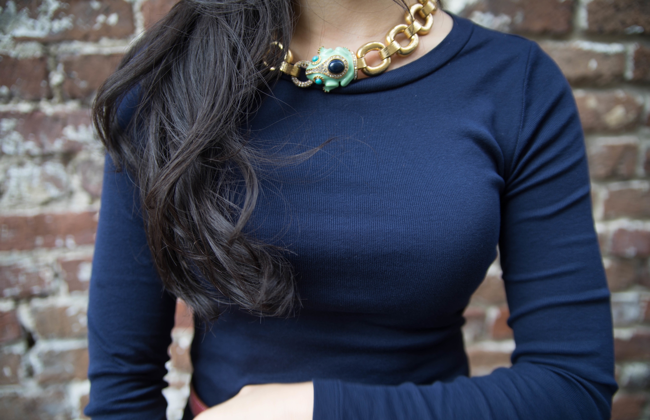 Charleston South Carolina J Crew Frog Necklace J Crew Long Sleeve T J Crew Blue Midi Skirt Chanel Ballet Flats.jpeg