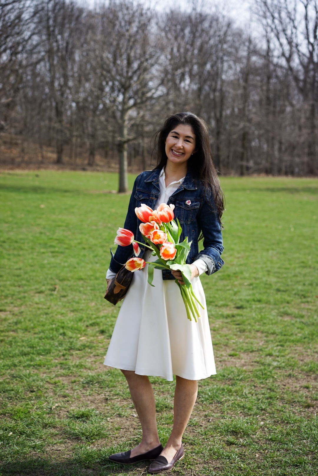 Spring Blooms - J Crew Denim Jacket Banana Republic Silk Skirt Everlane Round Collar Silk Shirt Massimo Dutti Belt Everlane Modern Point Louis Vuitton Clutch 20.JPG