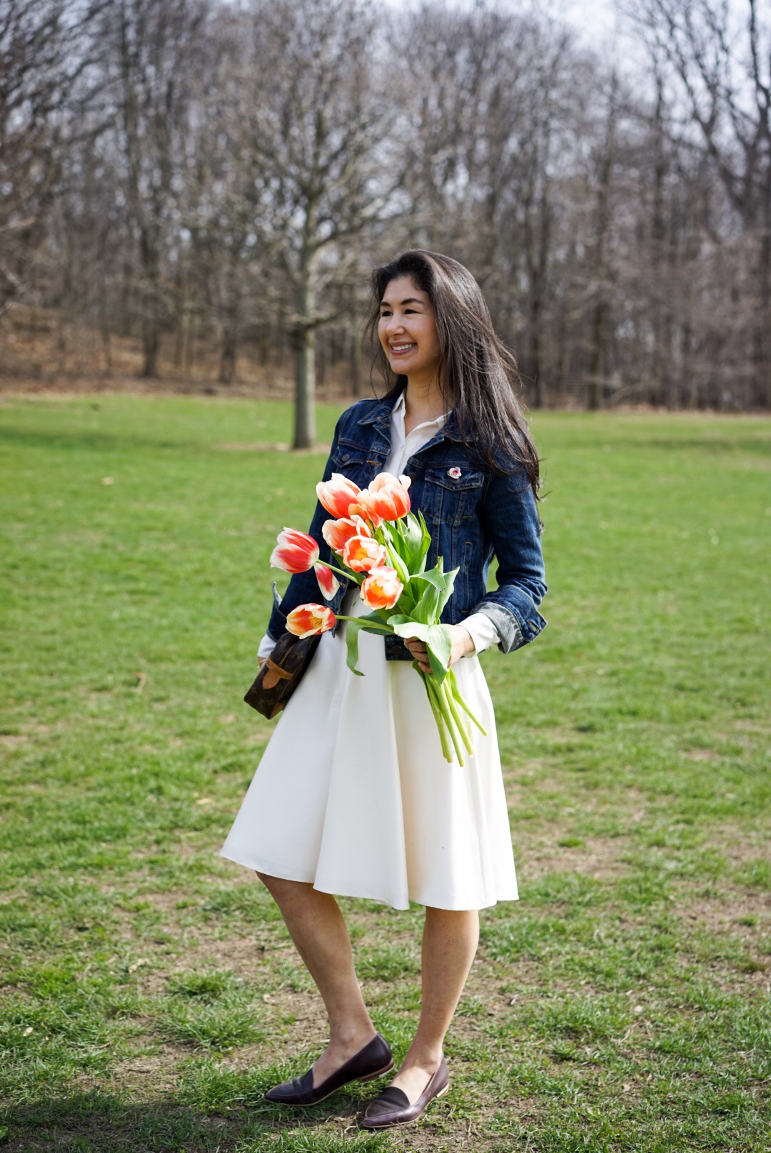 Spring Blooms - J Crew Denim Jacket Banana Republic Silk Skirt Everlane Round Collar Silk Shirt Massimo Dutti Belt Everlane Modern Point Louis Vuitton Clutch 18.JPG