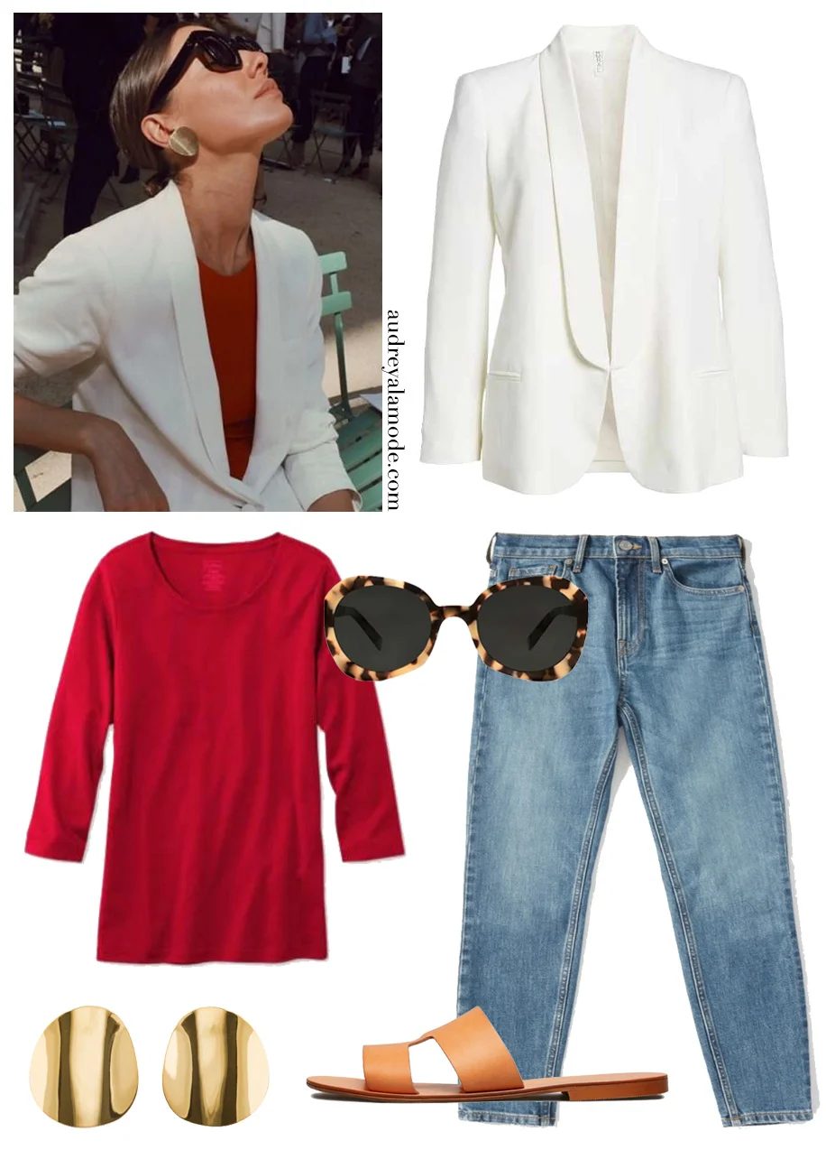 everlane-denim-llbean-red-tshirt-everlane-sandals-round-earrings-white-blazer.jpg