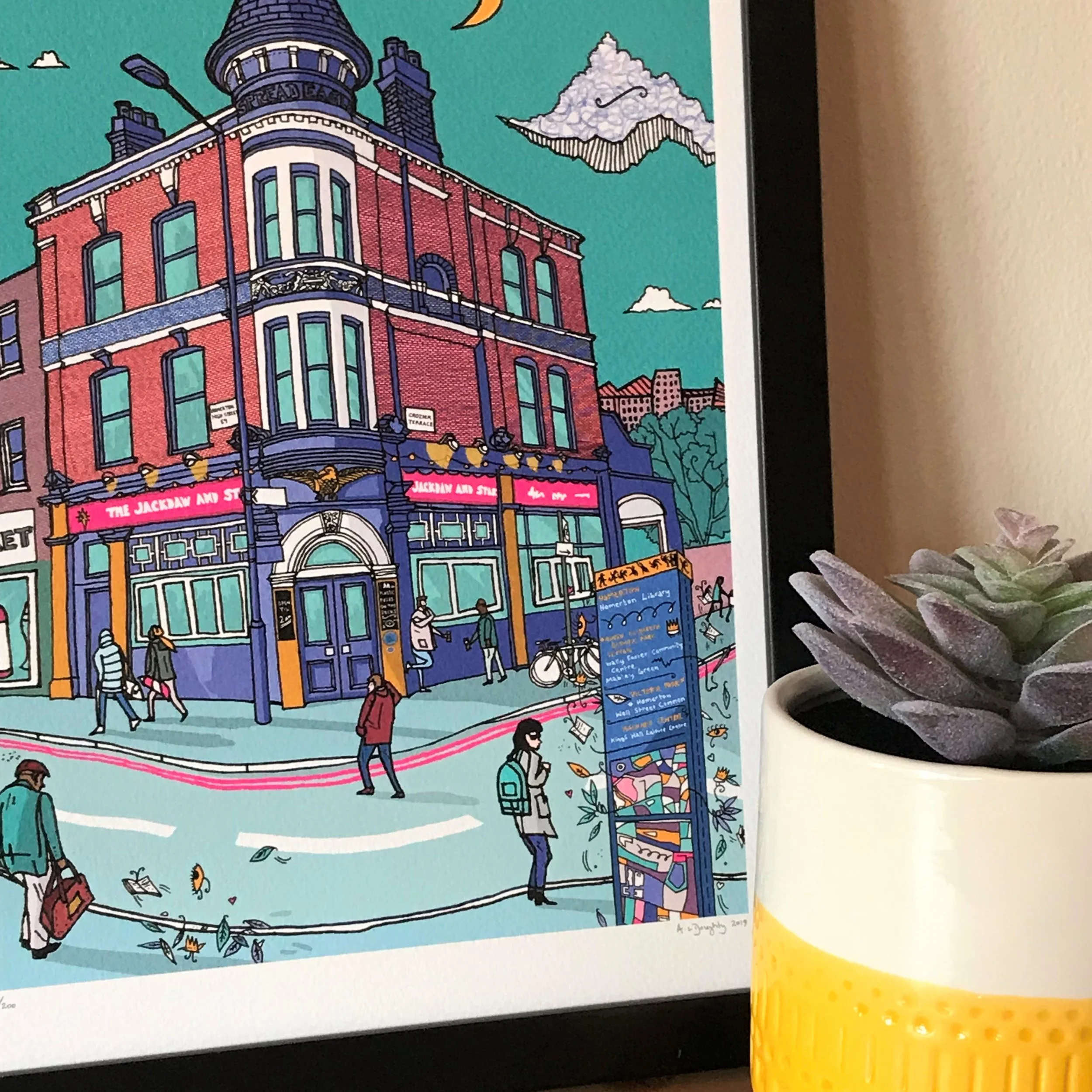 Hackney Street Scene- London Illustration- created by British Freelance Illustrator Adam Doughty - Art Prints available in A4 and A3 sizes- adamdoughty.com- hand drawn in London- Printed in the UK
