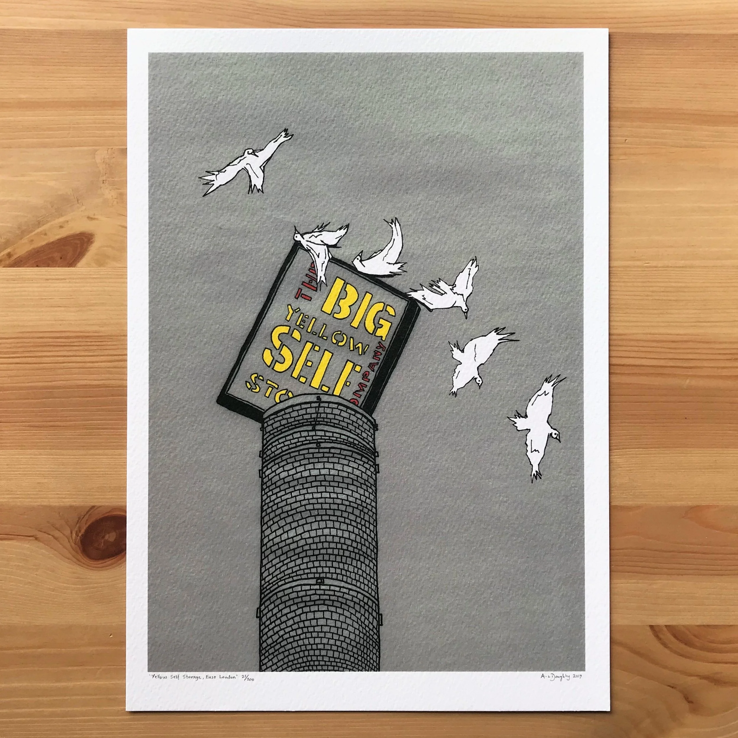 East London Illustration - Yellow Storage - created by British Freelance Illustrator Adam Doughty - Art Prints available in A4 and A3 sizes - adamdoughty.com - hand drawn in London - Printed in the UK