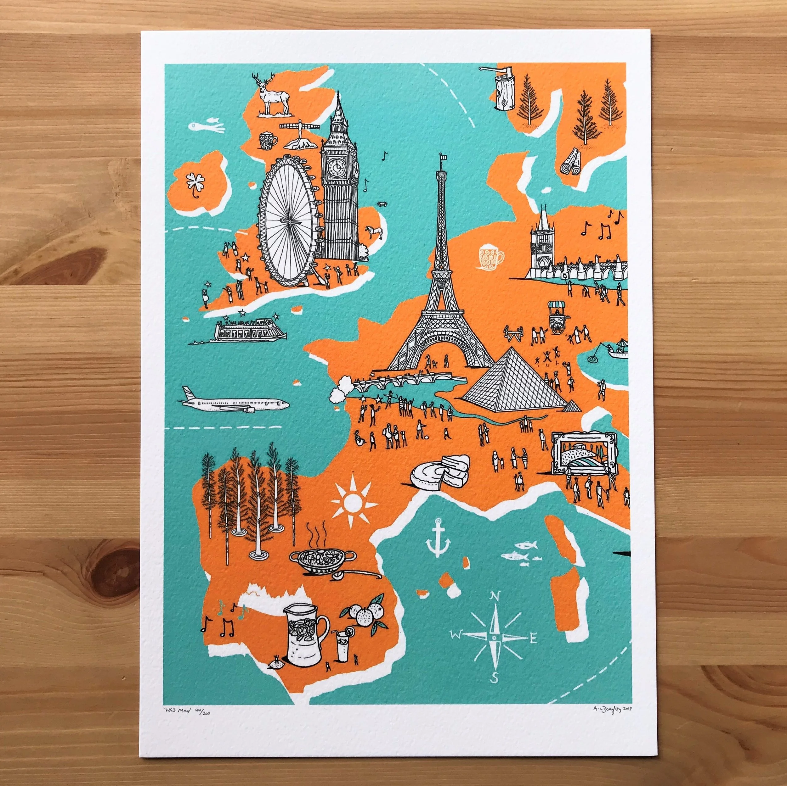 Map of Europe - London - Paris - created by British Freelance Illustrator Adam Doughty - Art Prints available in A4 and A3 sizes - adamdoughty.com - hand drawn in London - Printed in the UK