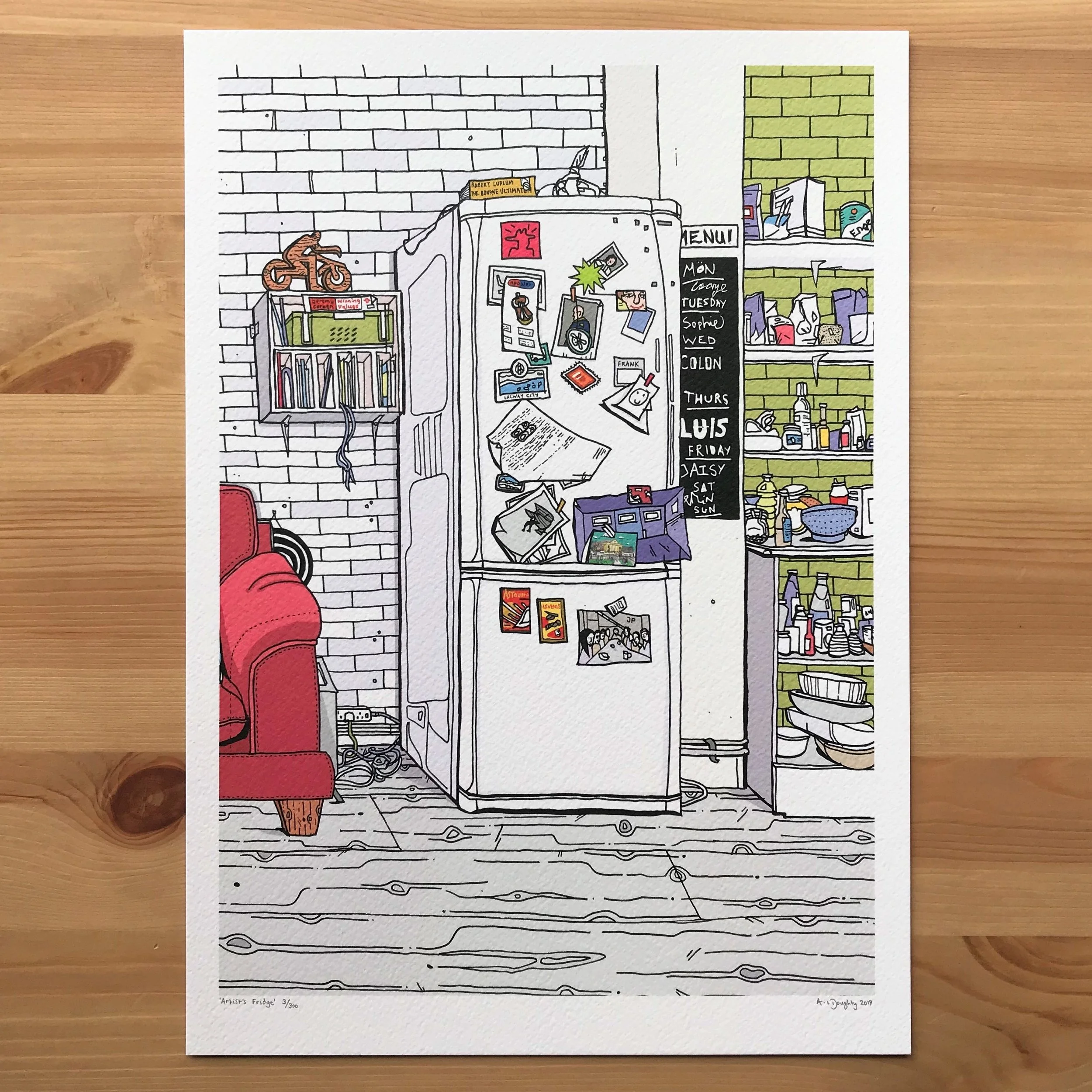 Fridge- Kitchen Art - London Illustration - created by British Freelance Illustrator Adam Doughty - Art Prints available in A4 and A3 sizes - adamdoughty.com - hand drawn in London - Printed in the UK
