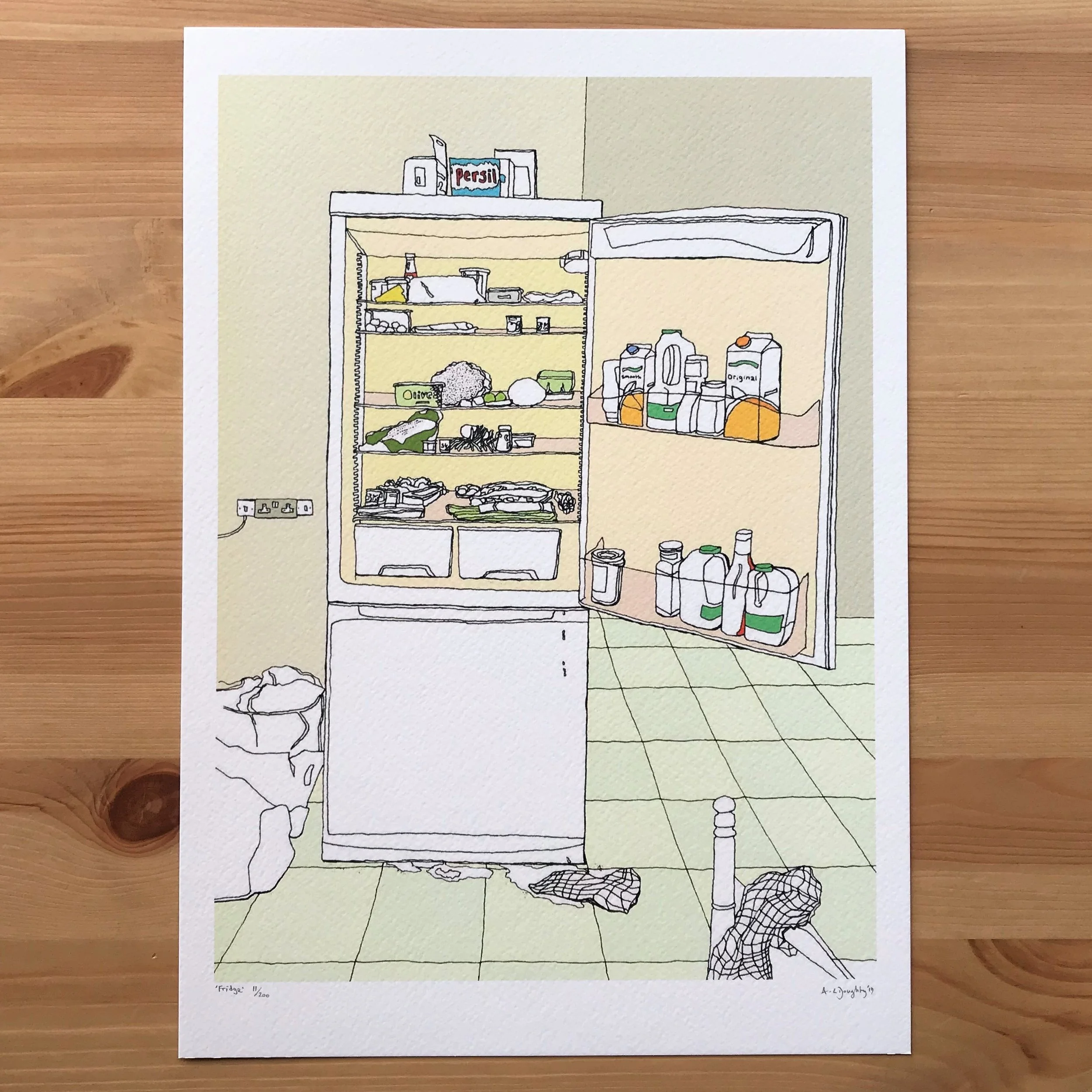 Fridge- Kitchen Art - London Illustration - created by British Freelance Illustrator Adam Doughty - Art Prints available in A4 and A3 sizes - adamdoughty.com - hand drawn in London - Printed in the UK