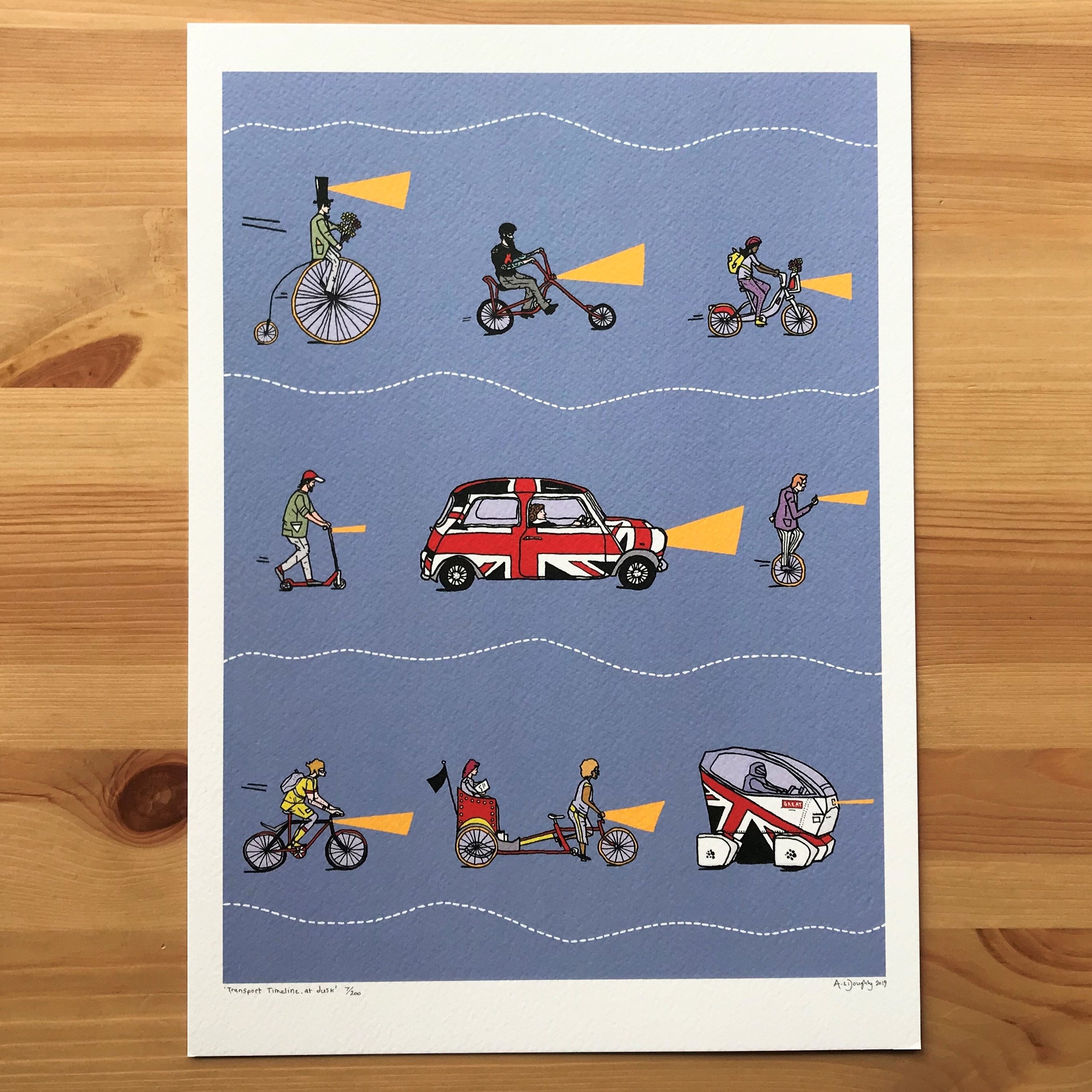 British Transport - London Illustration - created by British Freelance Illustrator Adam Doughty - Art Prints available in A4 and A3 sizes - adamdoughty.com - hand drawn in London - Printed in the UK