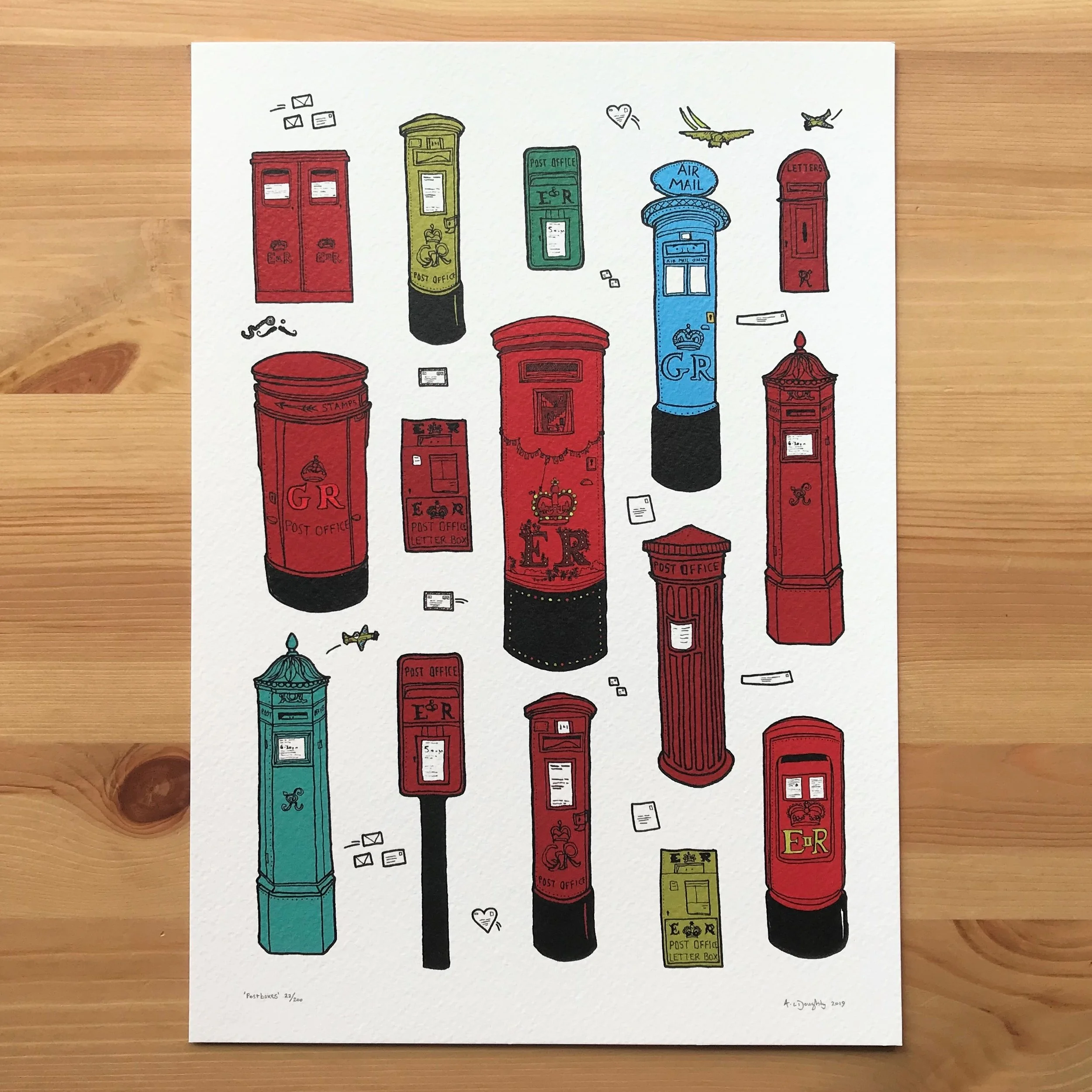 Red Post Boxes - London Illustration - created by British Freelance Illustrator Adam Doughty - Art Prints available in A4 and A3 sizes - adamdoughty.com - hand drawn in London - Printed in the UK