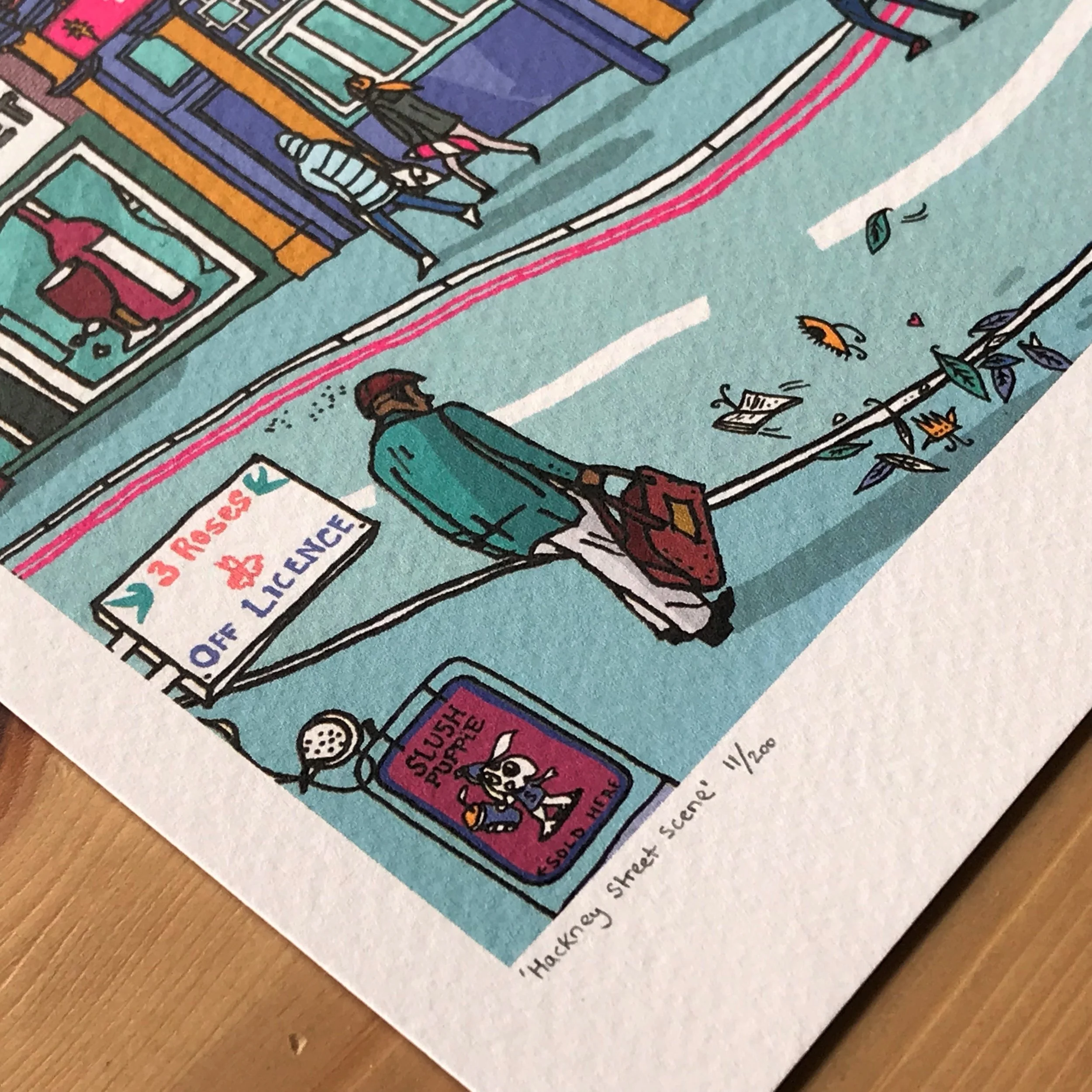 Hackney Street Scene- London Illustration- created by British Freelance Illustrator Adam Doughty - Art Prints available in A4 and A3 sizes- adamdoughty.com- hand drawn in London- Printed in the UK