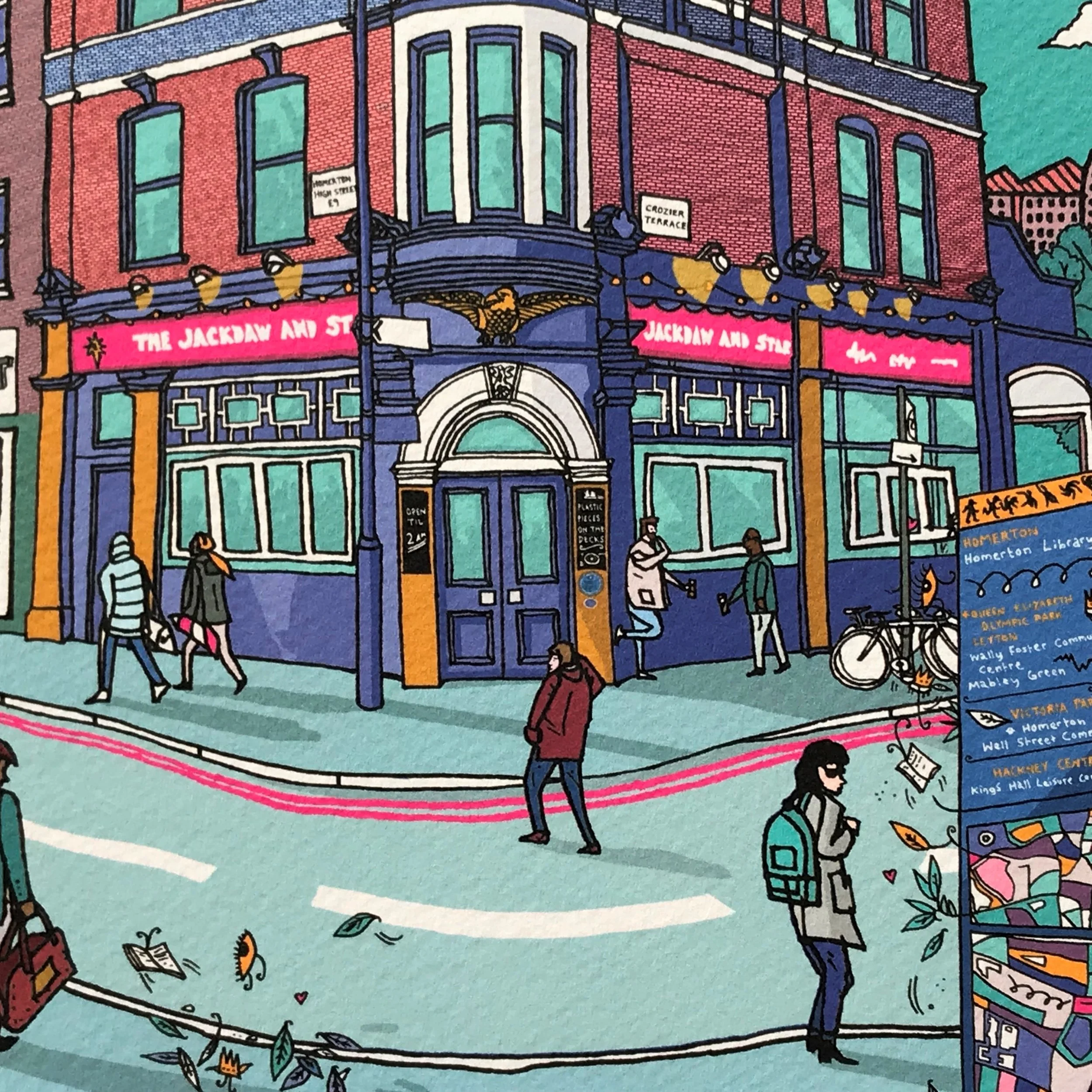 Hackney Street Scene- London Illustration- created by British Freelance Illustrator Adam Doughty - Art Prints available in A4 and A3 sizes- adamdoughty.com- hand drawn in London- Printed in the UK