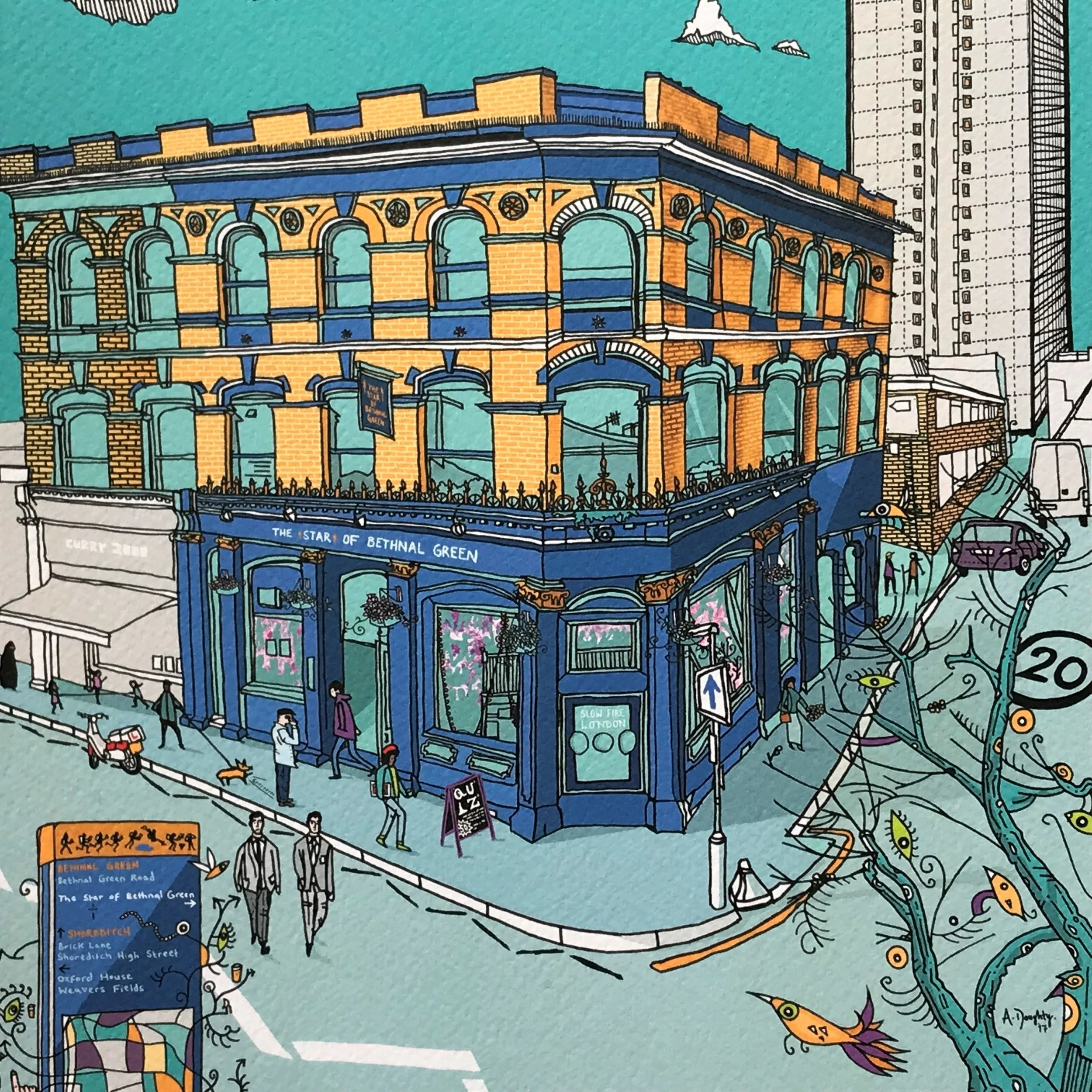 Bethnal Green- London Illustration- created by British Artist Adam Doughty - Art Prints available in A4 and A3 sizes- adamdoughty.com- hand drawn in London- Printed in the UK