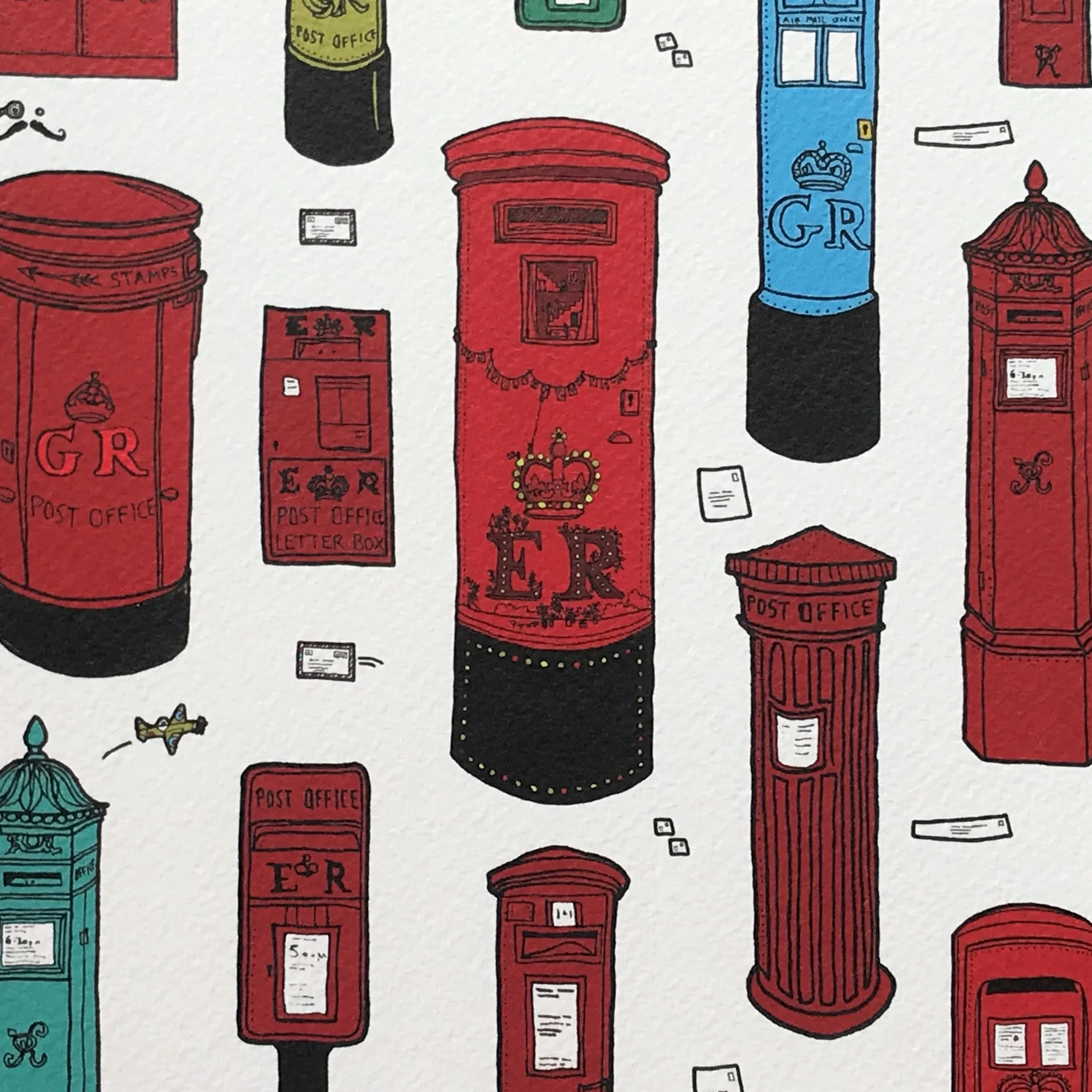 Red Post Boxes - London Illustration - created by British Freelance Illustrator Adam Doughty - Art Prints available in A4 and A3 sizes - adamdoughty.com - hand drawn in London - Printed in the UK