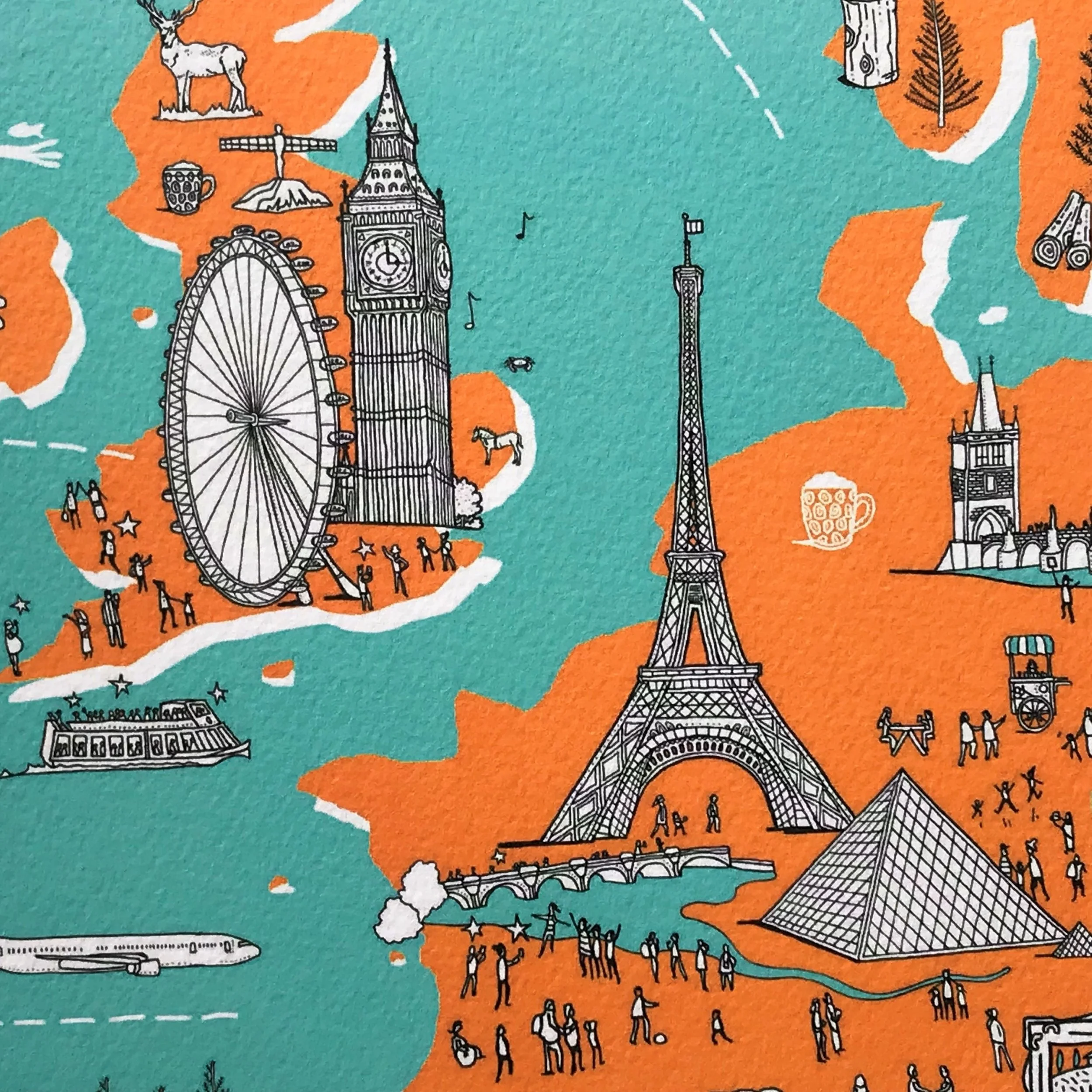 Map of Europe - London - Paris - created by British Freelance Illustrator Adam Doughty - Art Prints available in A4 and A3 sizes - adamdoughty.com - hand drawn in London - Printed in the UK