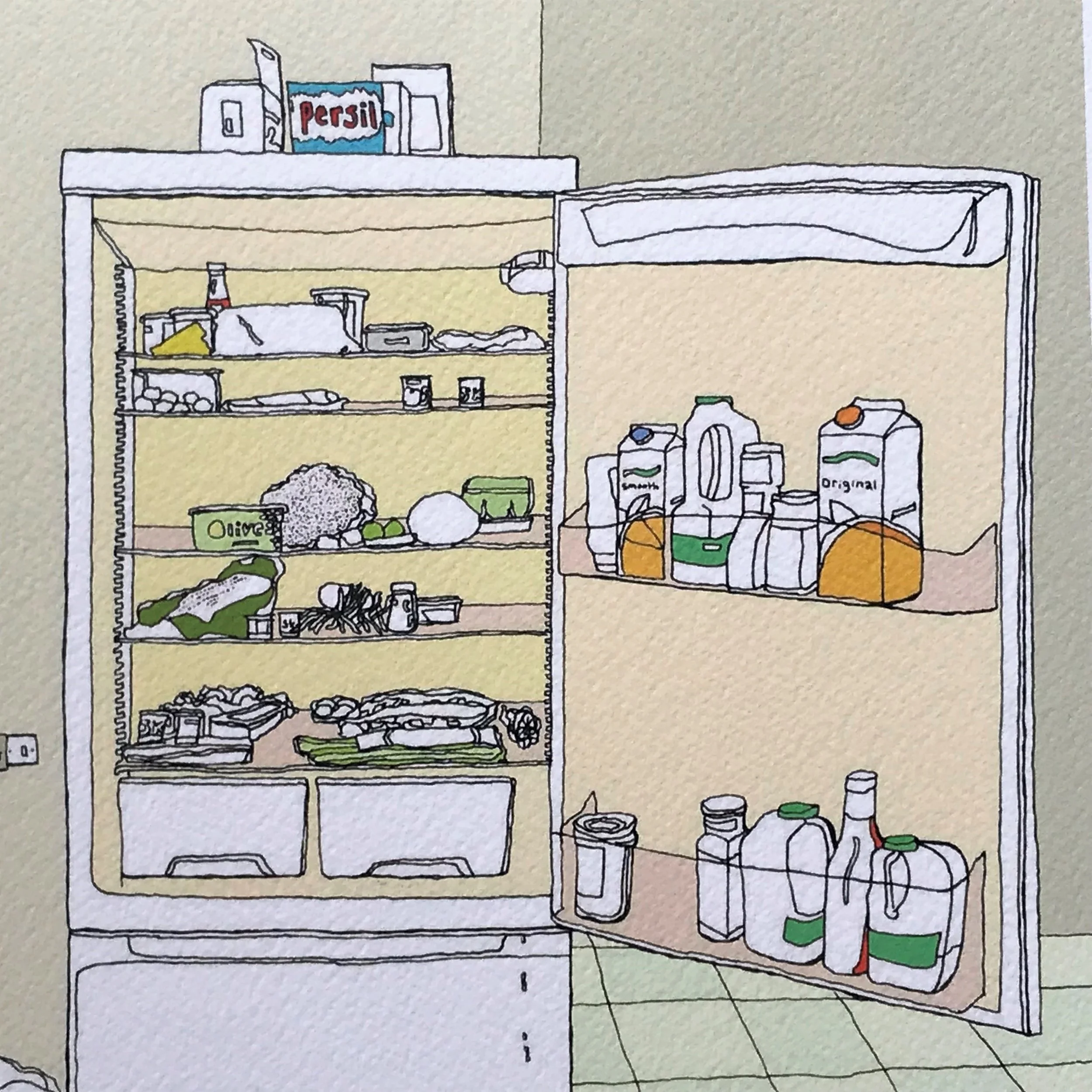 Fridge - Kitchen Art -London Illustration - created by British Freelance Illustrator Adam Doughty - Art Prints available in A4 and A3 sizes - adamdoughty.com - hand drawn in London - Printed in the UK