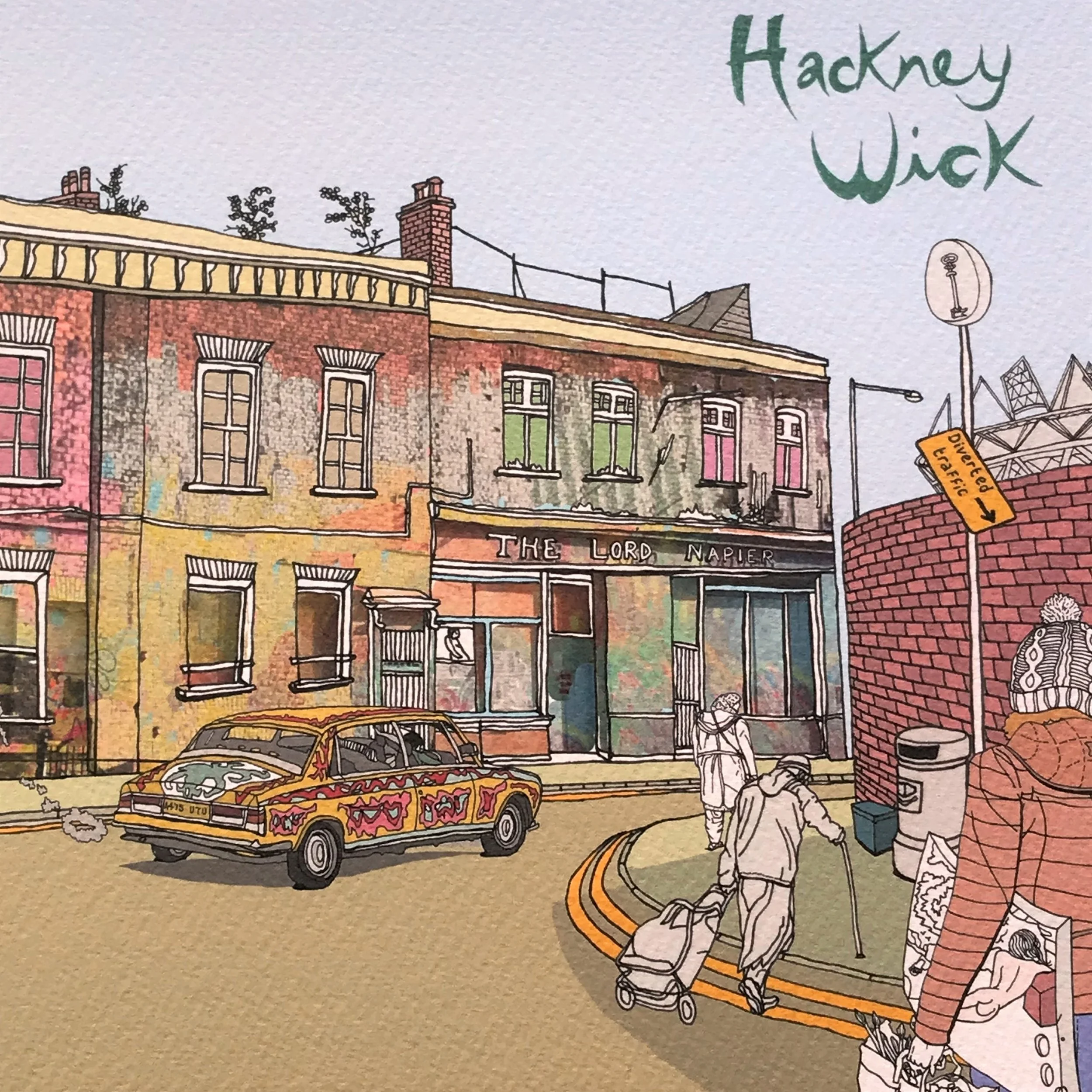 Hackney Wick Pub - London Illustration - created by British Freelance Illustrator Adam Doughty - Art Prints available in A4 and A3 sizes - adamdoughty.com - hand drawn in London - Printed in the UK