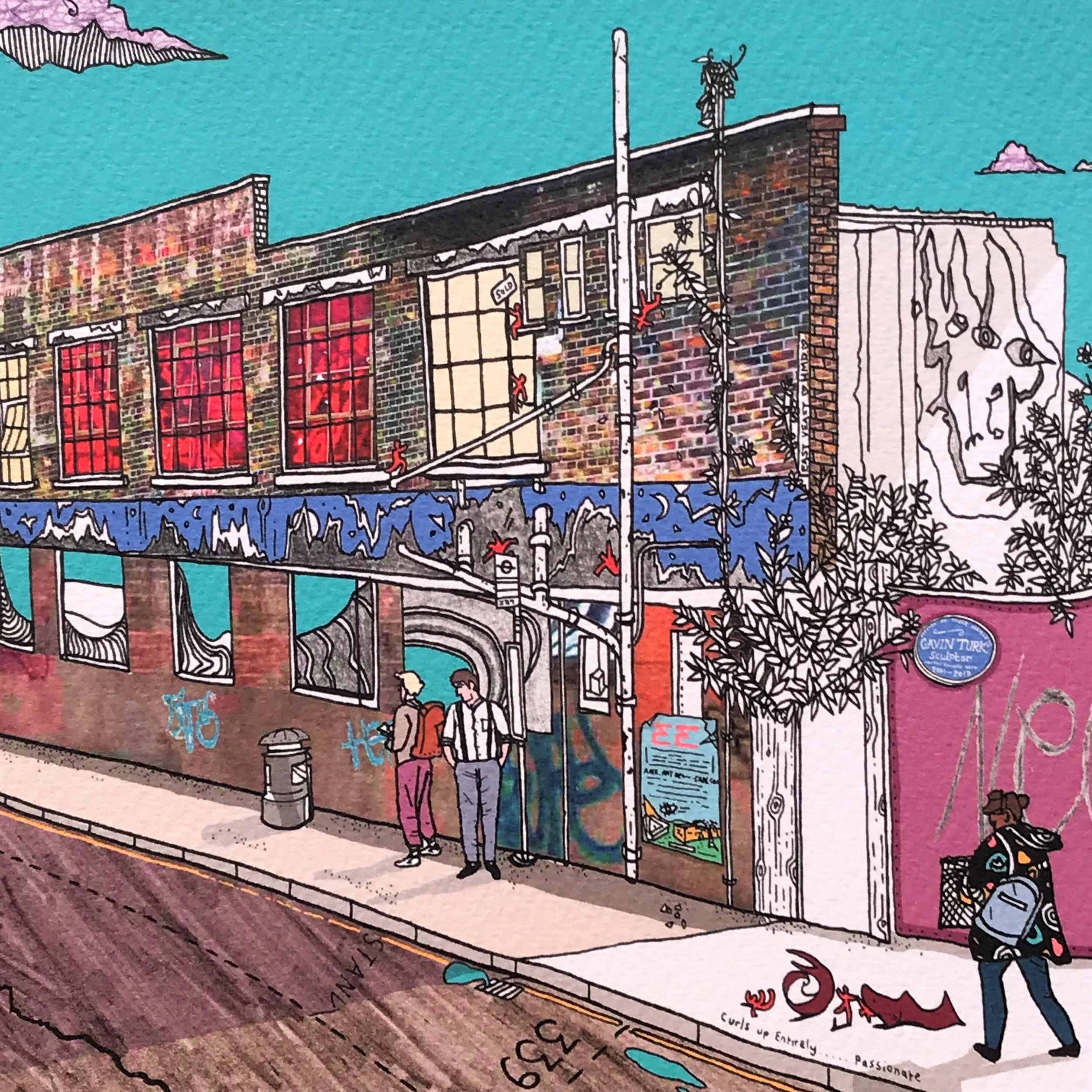 Wick Lane - East London Illustration - created by British Freelance Illustrator Adam Doughty - Art Prints available in A4 and A3 sizes - adamdoughty.com - hand drawn in London - Printed in the UK