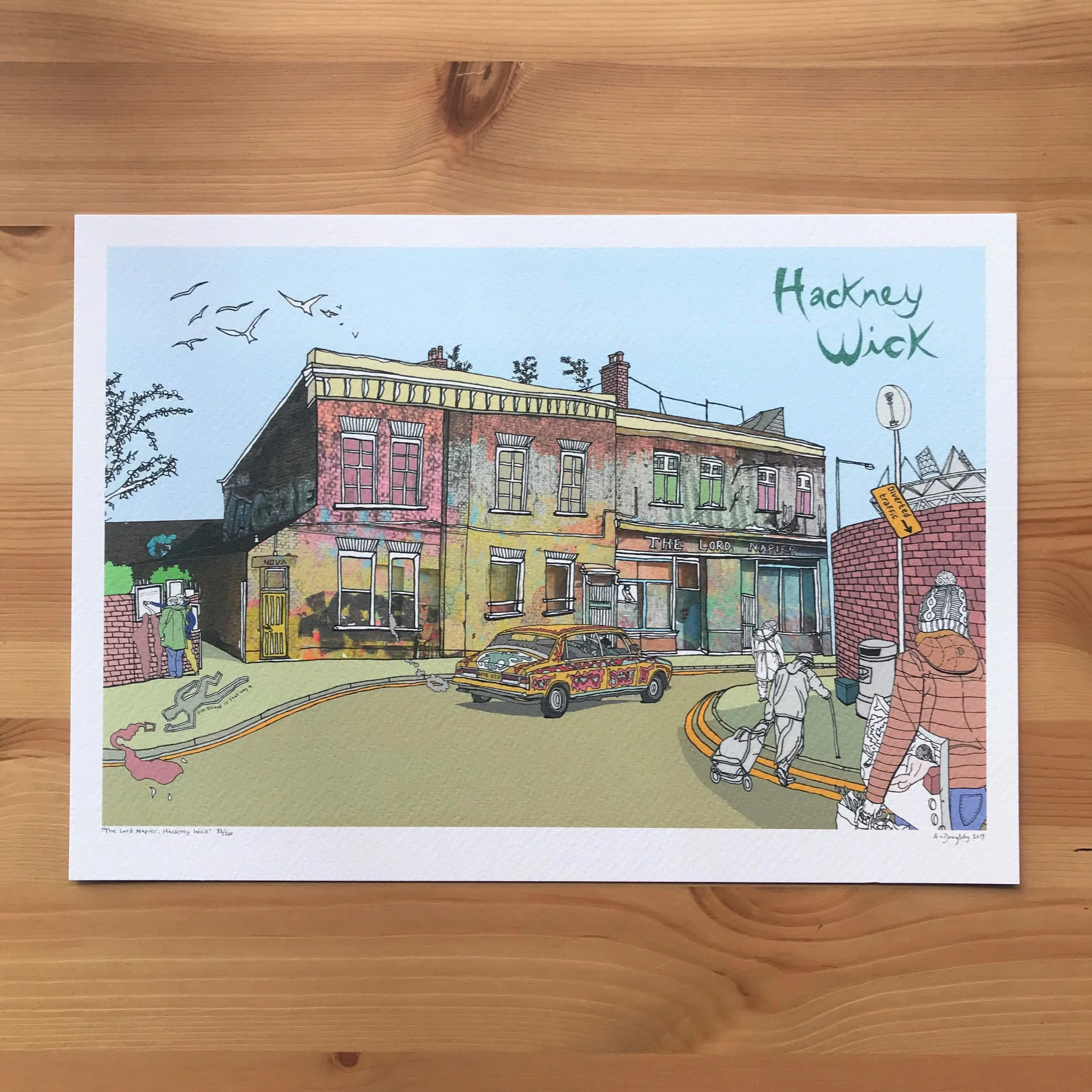 Hackney Wick Pub - London Illustration - created by British Freelance Illustrator Adam Doughty - Art Prints available in A4 and A3 sizes - adamdoughty.com - hand drawn in London - Printed in the UK
