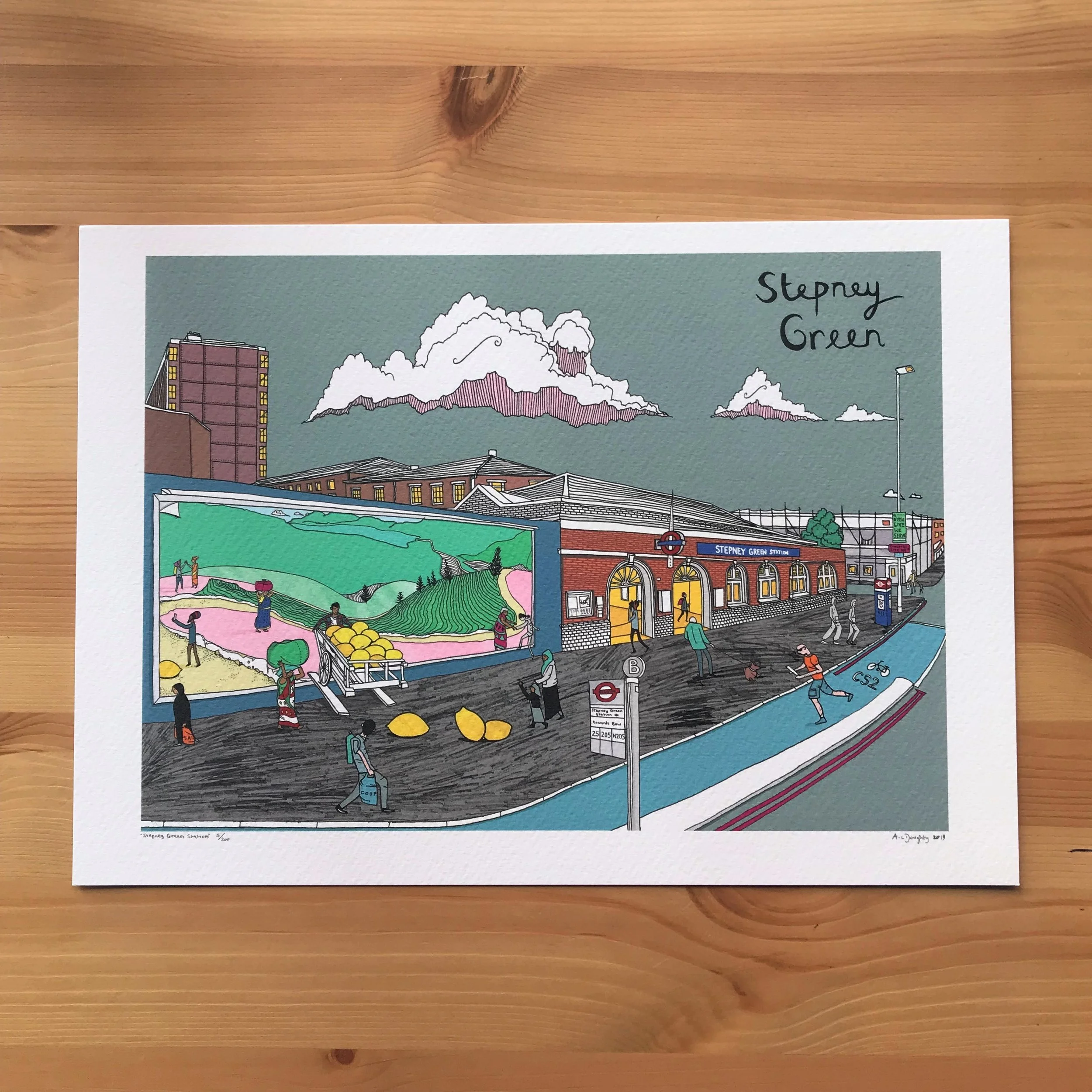 Stepney Green - London Illustration - created by British Freelance Illustrator Adam Doughty - Art Prints available in A4 and A3 sizes - adamdoughty.com - hand drawn in London - Printed in the UK