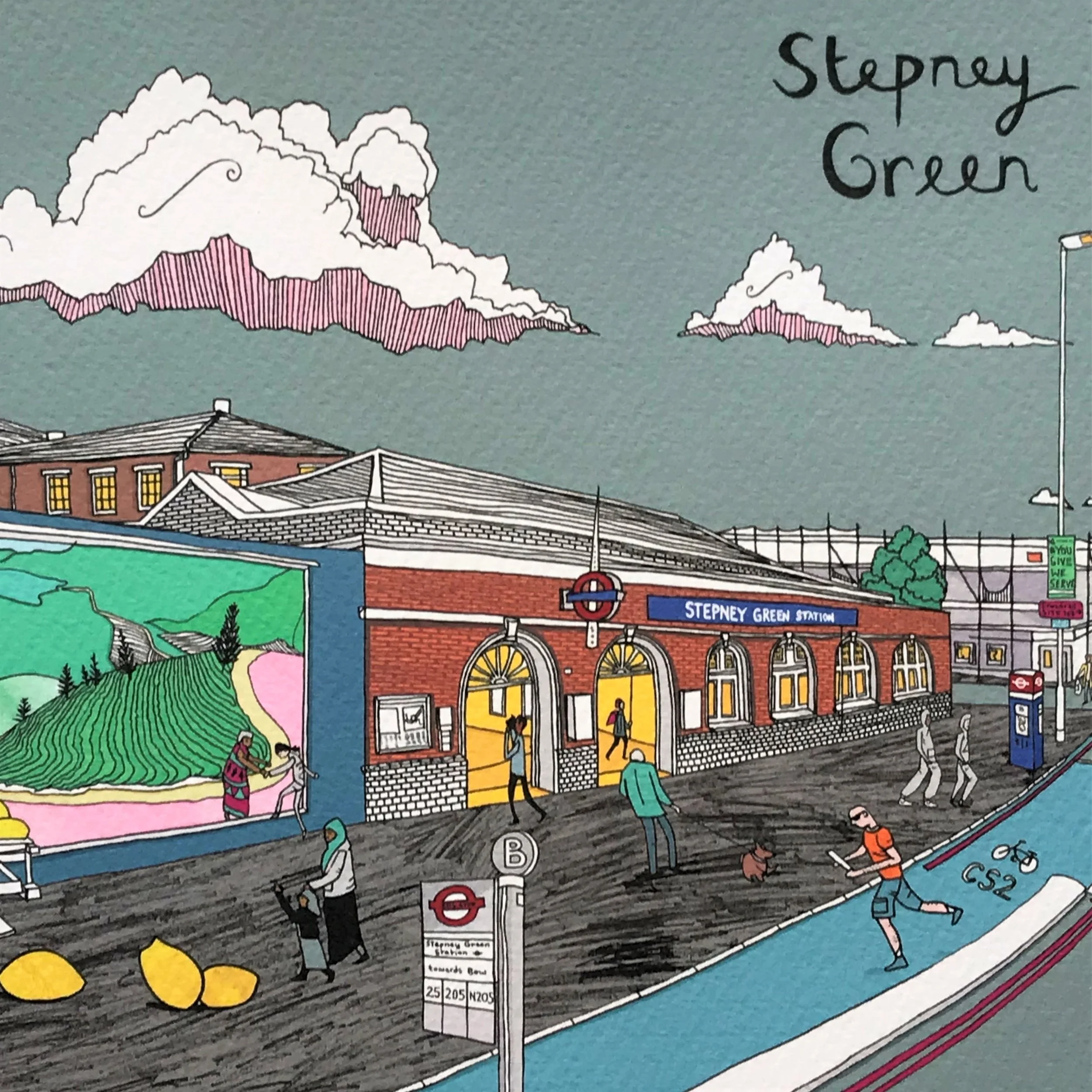 Stepney Green - London Illustration - created by British Freelance Illustrator Adam Doughty - Art Prints available in A4 and A3 sizes - adamdoughty.com - hand drawn in London - Printed in the UK