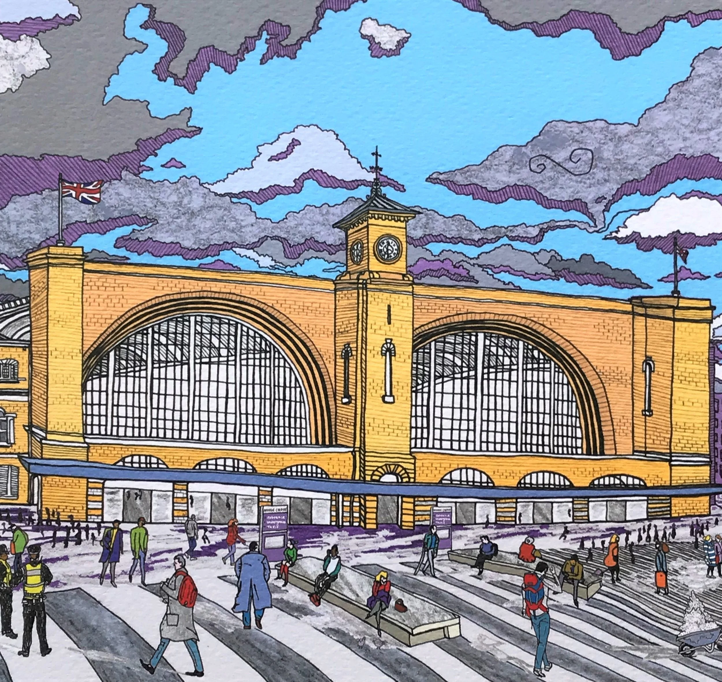 Kings Cross Station- London Illustration - created by British Freelance Illustrator Adam Doughty - Art Prints available in A4 and A3 sizes - adamdoughty.com - hand drawn in London - Printed in the UK