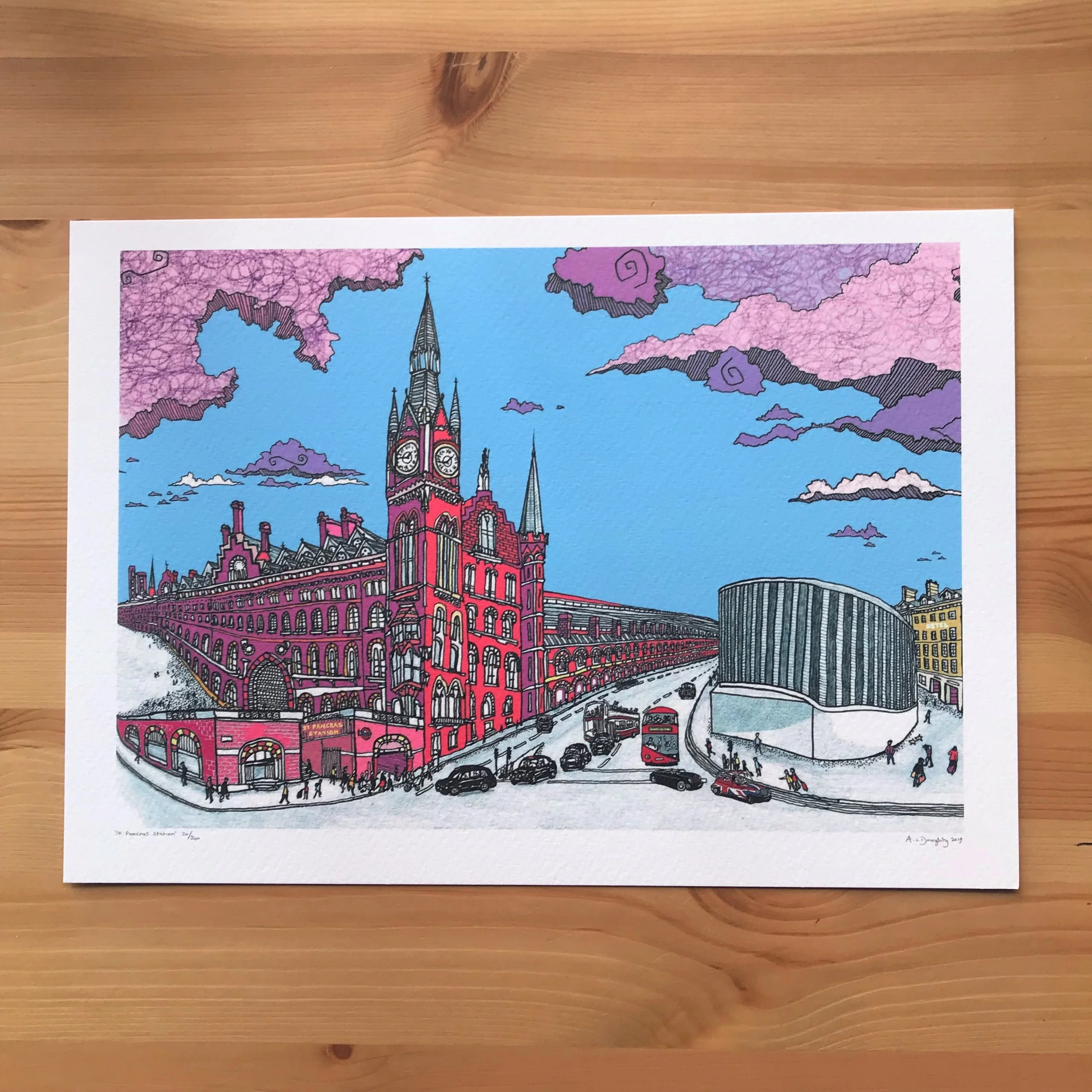St Pancras Station - London Illustration - created by British Freelance Illustrator Adam Doughty - Art Prints available in A4 and A3 sizes - adamdoughty.com - hand drawn in London - Printed in the UK
