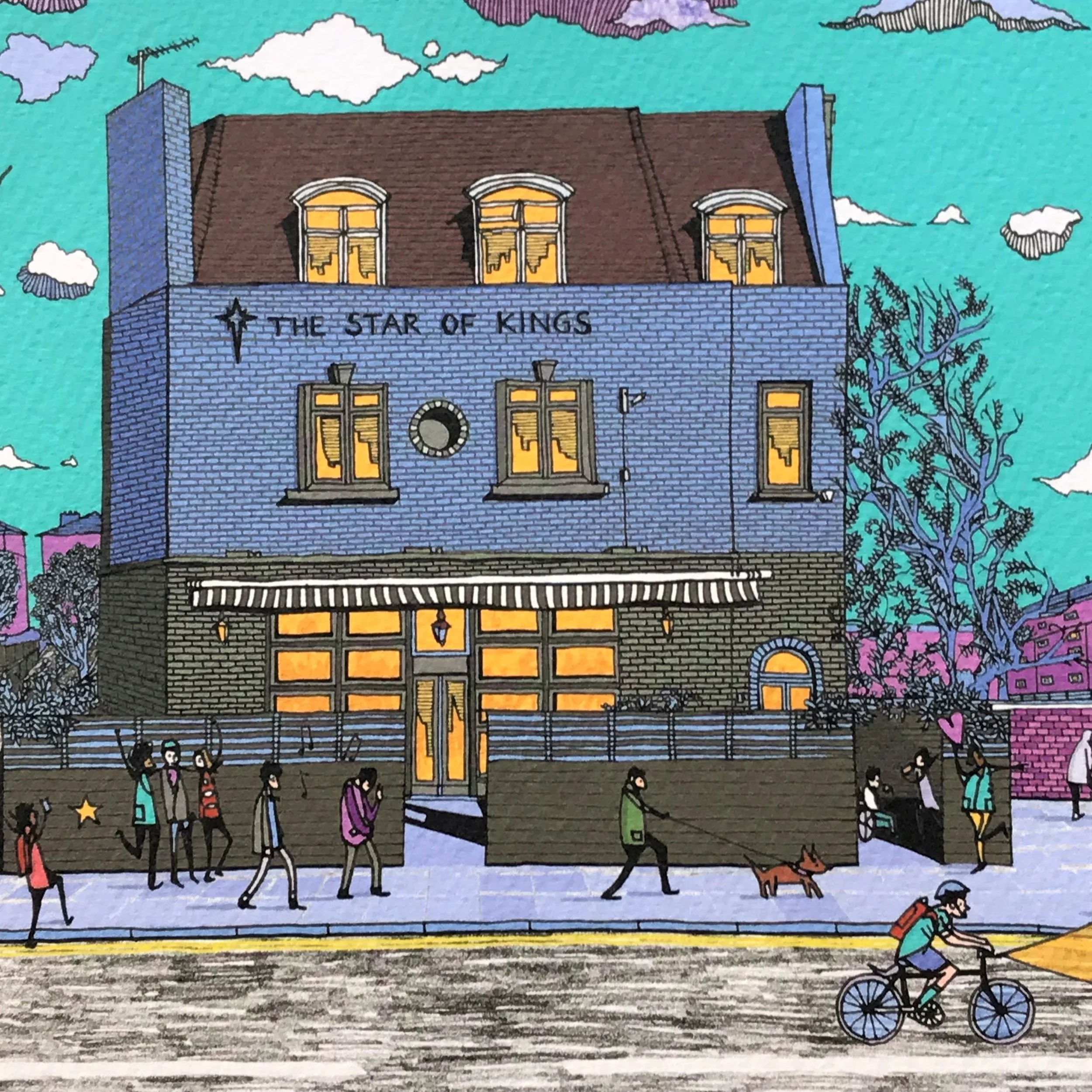 Kings Cross Pub- London Illustration - created by British Freelance Illustrator Adam Doughty - Art Prints available in A4 and A3 sizes - adamdoughty.com - hand drawn in London - Printed in the UK