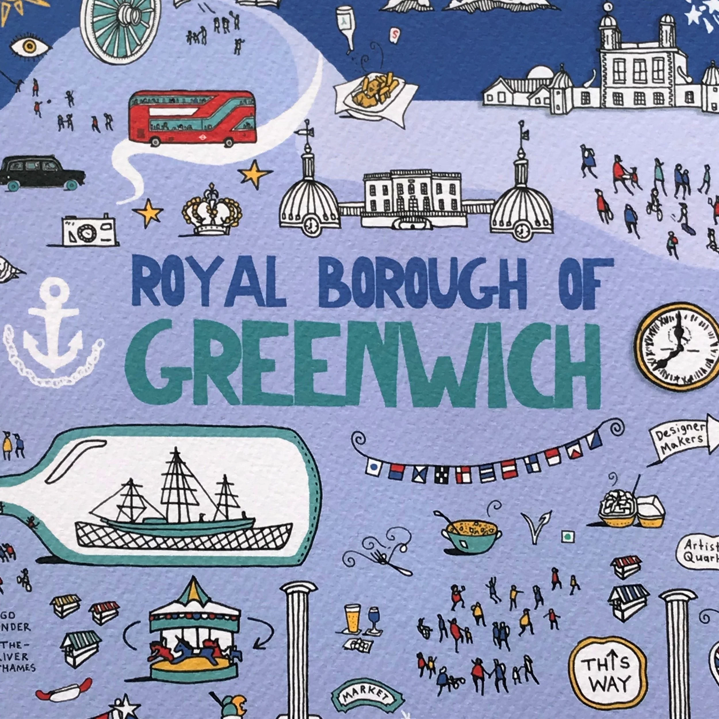 Greenwich Map Art Print. Illustrated London Art Print by Adam Doughty. Blue Illustrated map features the Cutty Sark, The Royal Maritime Museum, Royal Observatory and Greenwich Park