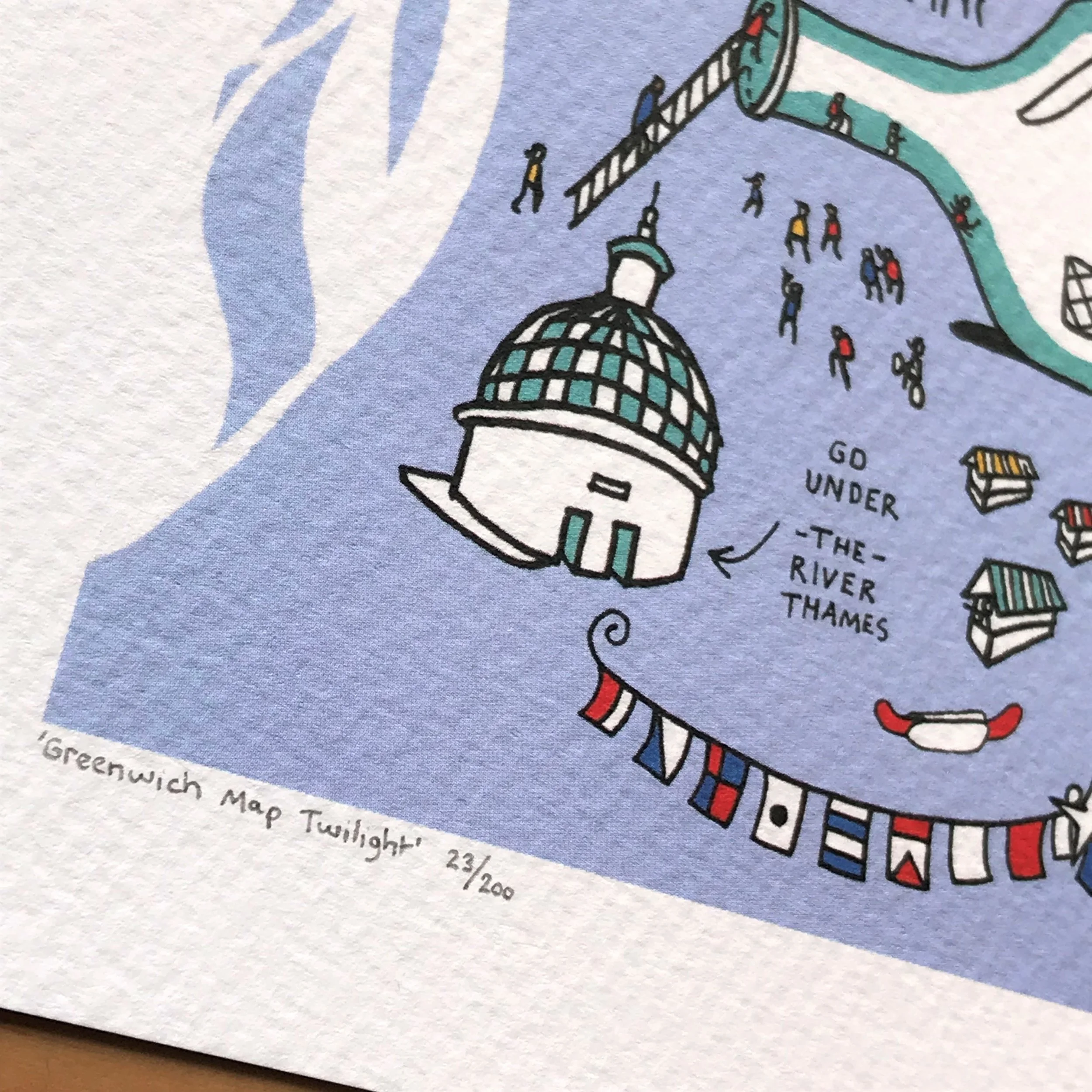 Greenwich Map Art Print - Illustrated London Art Print by Adam Doughty - Blue Illustrated map features the Cutty Sark, The Royal Maritime Museum, Royal Observatory and Greenwich Park