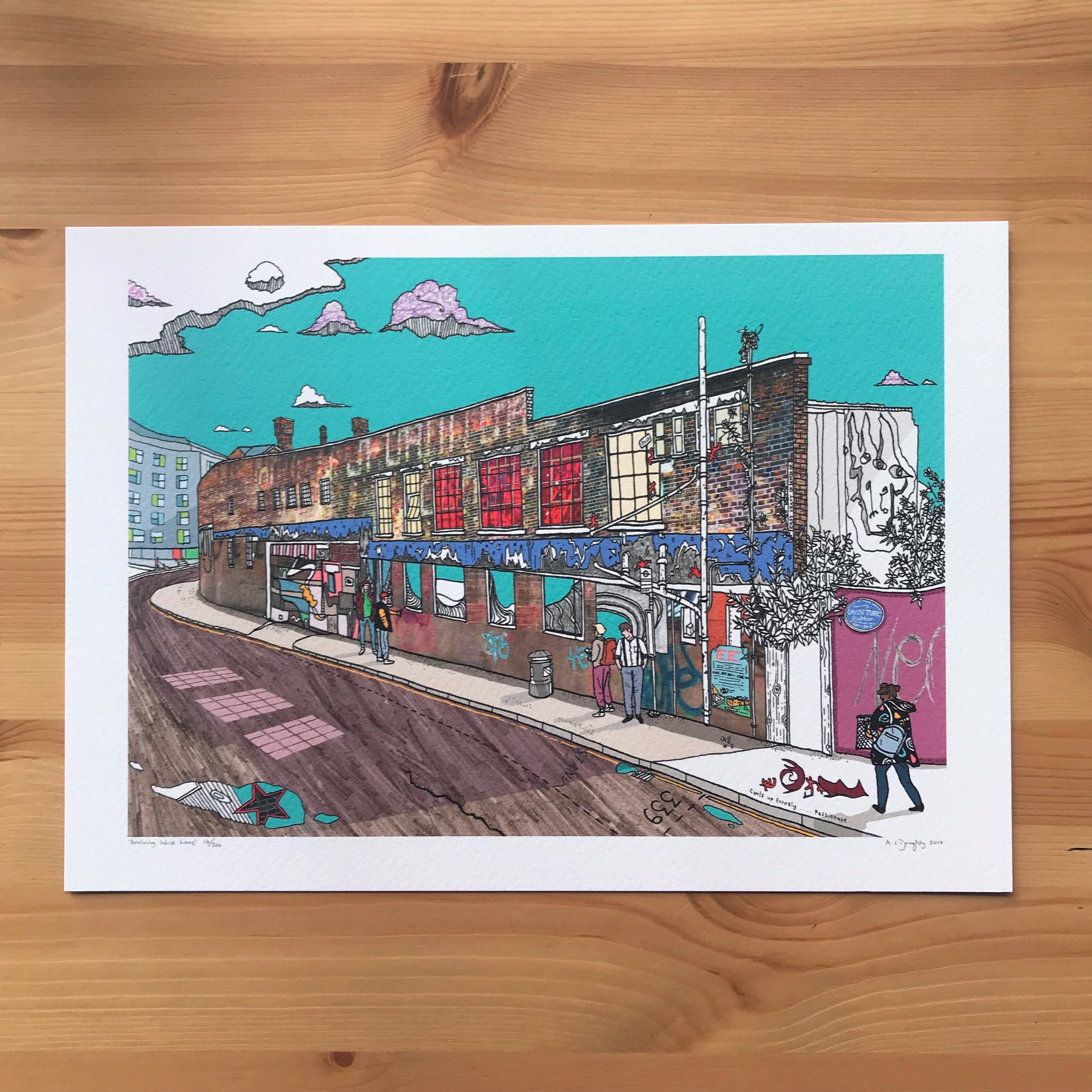 Wick Lane - London Illustration - created by British Freelance Illustrator Adam Doughty - Art Prints available in A4 and A3 sizes - adamdoughty.com - hand drawn in London - Printed in the UK