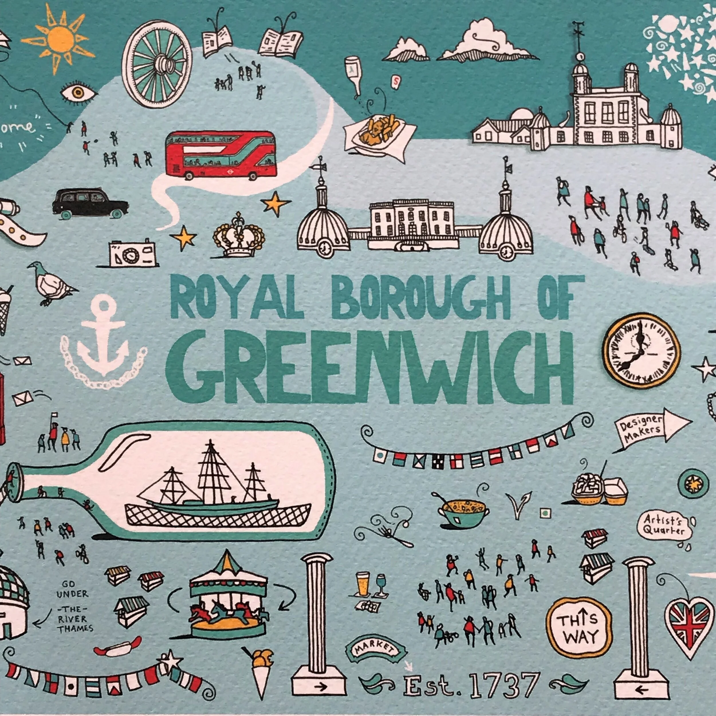 Map of Greenwich - London Illustration - created by British Freelance Illustrator Adam Doughty - Art Prints available in A4 and A3 sizes - adamdoughty.com - hand drawn in London - Printed in the UK