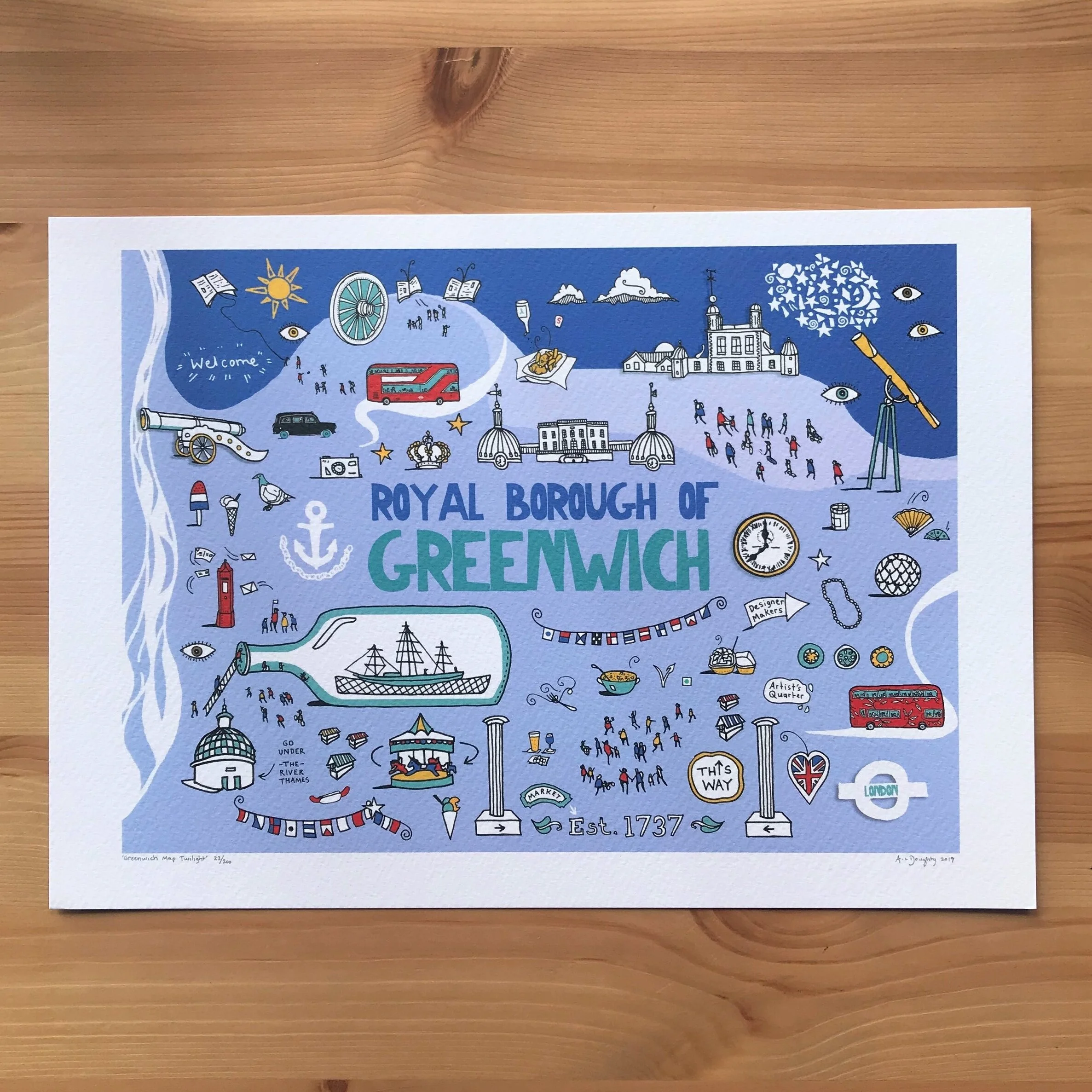 Map of Greenwich - London Illustration - created by British Freelance Illustrator Adam Doughty - Art Prints available in A4 and A3 sizes - adamdoughty.com - hand drawn in London - Printed in the UK