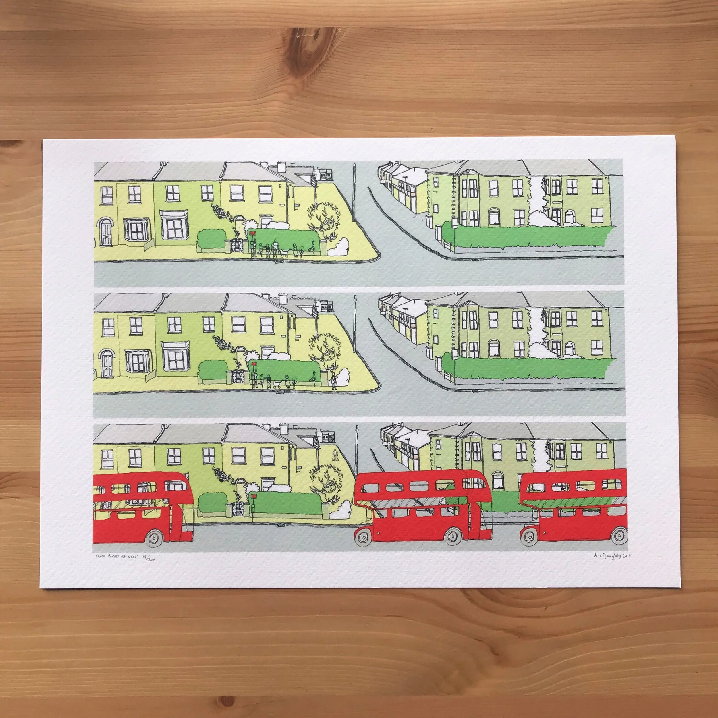 Red British Bus Illustration - Norwich - Norfolk - created by British Freelance Illustrator Adam Doughty - Art Prints available in A4 - adamdoughty.com - hand drawn in London - Printed in the UK