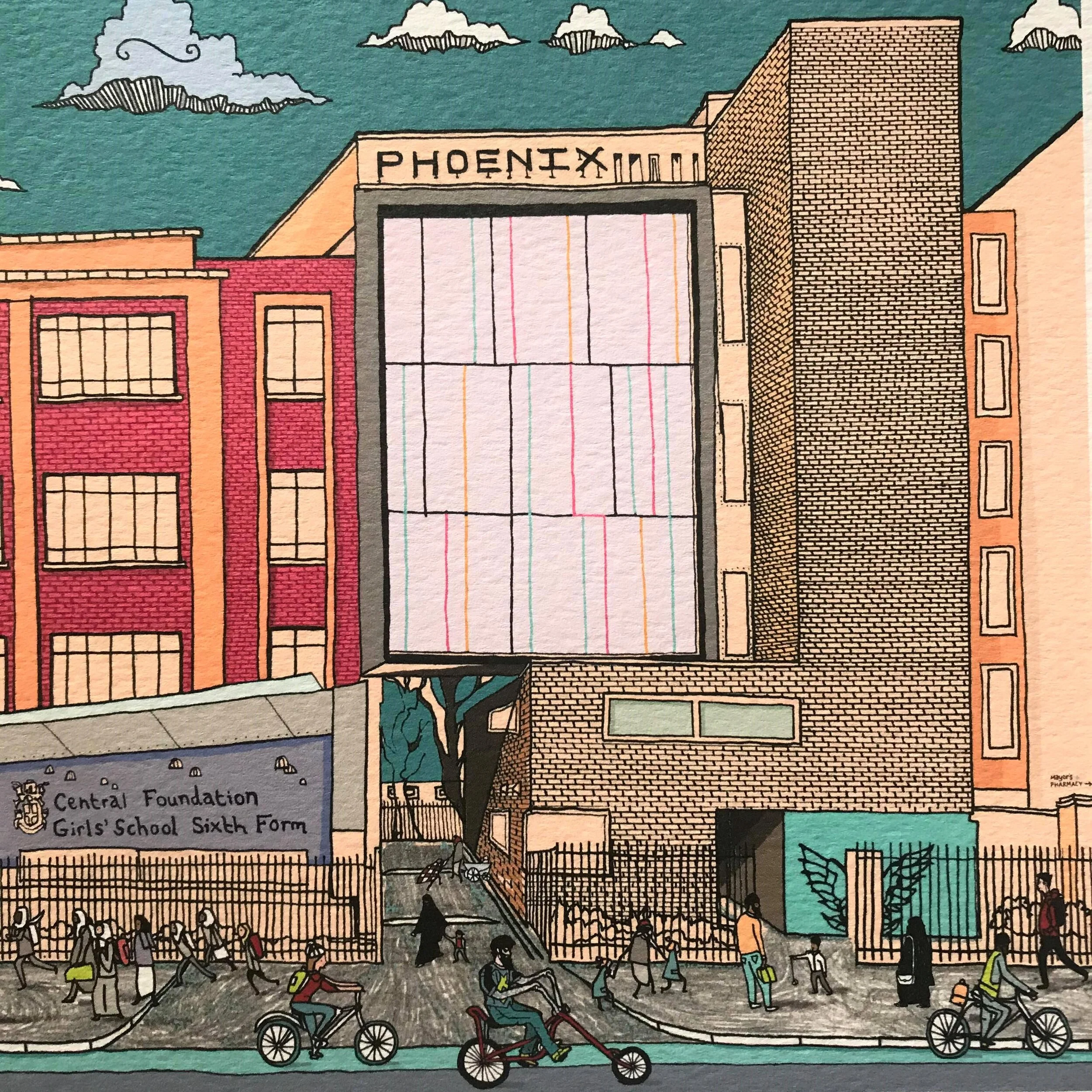 Bow Road - London Illustration - created by British Freelance Illustrator Adam Doughty - Art Prints available in A4 and A3 sizes - adamdoughty.com - hand drawn in London - Printed in the UK