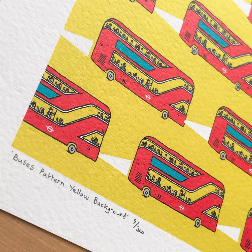 Adam Doughty Yellow Background London Illustration Art Print London Red Bus Pattern British Art