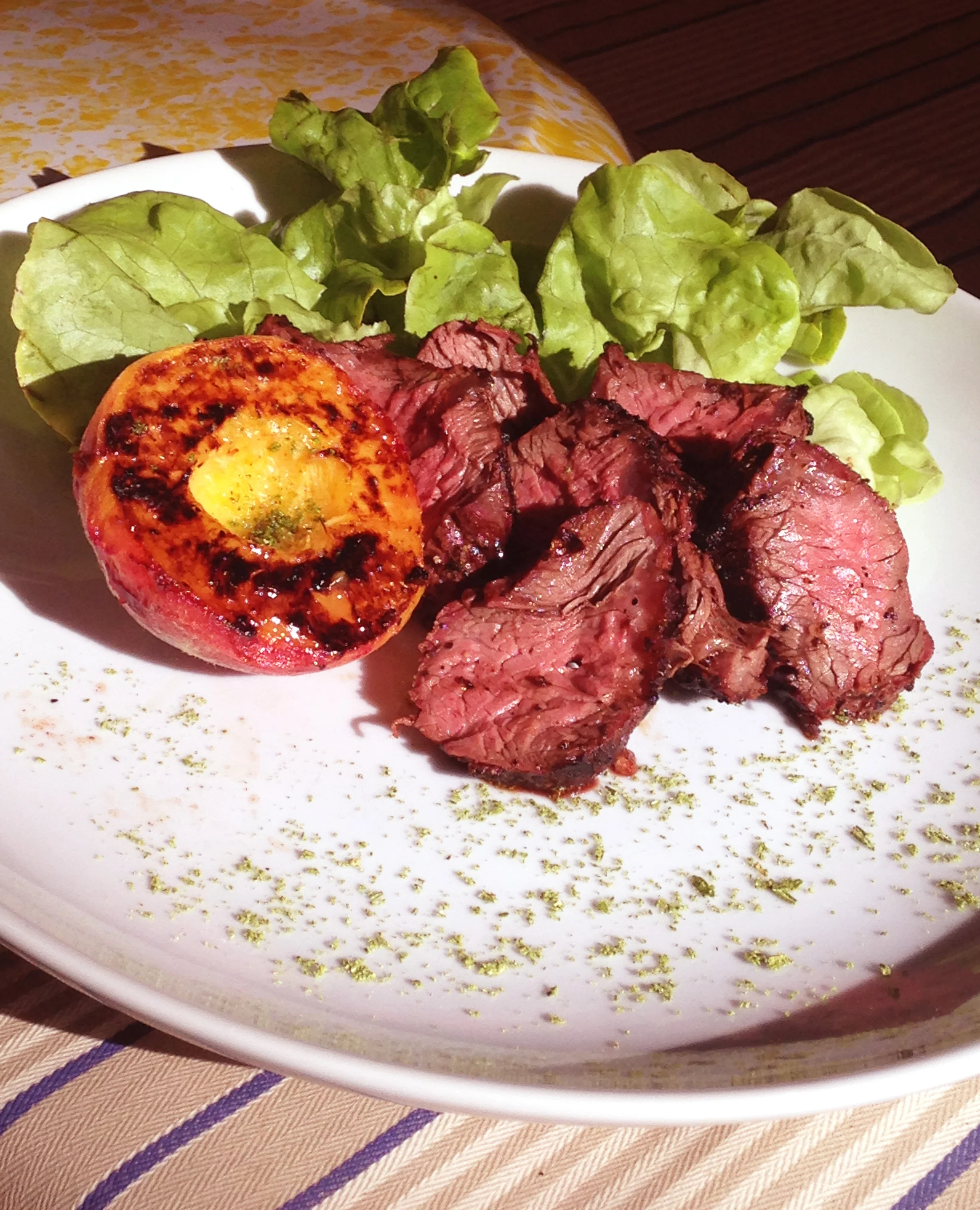 Marinated Hanger Steak with Grilled Peaches & Savory Herb Dust