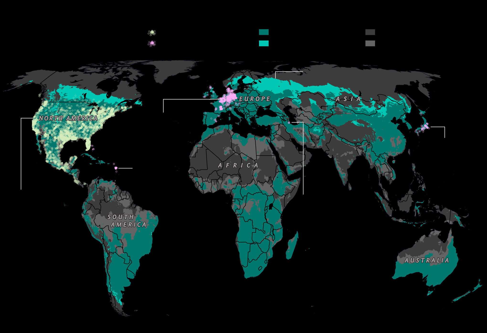 Lighter colors show native habitat and the darker colors show expansion of territory. The pink is where they have been invasive due to the pet trade or introduction. https://www.nationalgeographic.com/animals/2019/07/raccoons-expanding-range-climate-change/