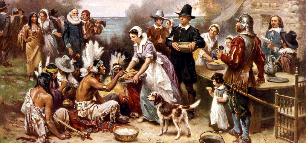 The First Thanksgiving, a painting by American painter Jean Louis Gerome Ferris. While the painting is fanciful and not necessarily realistic it is a compelling tribute to the peace asnd comaderie of that early feast.