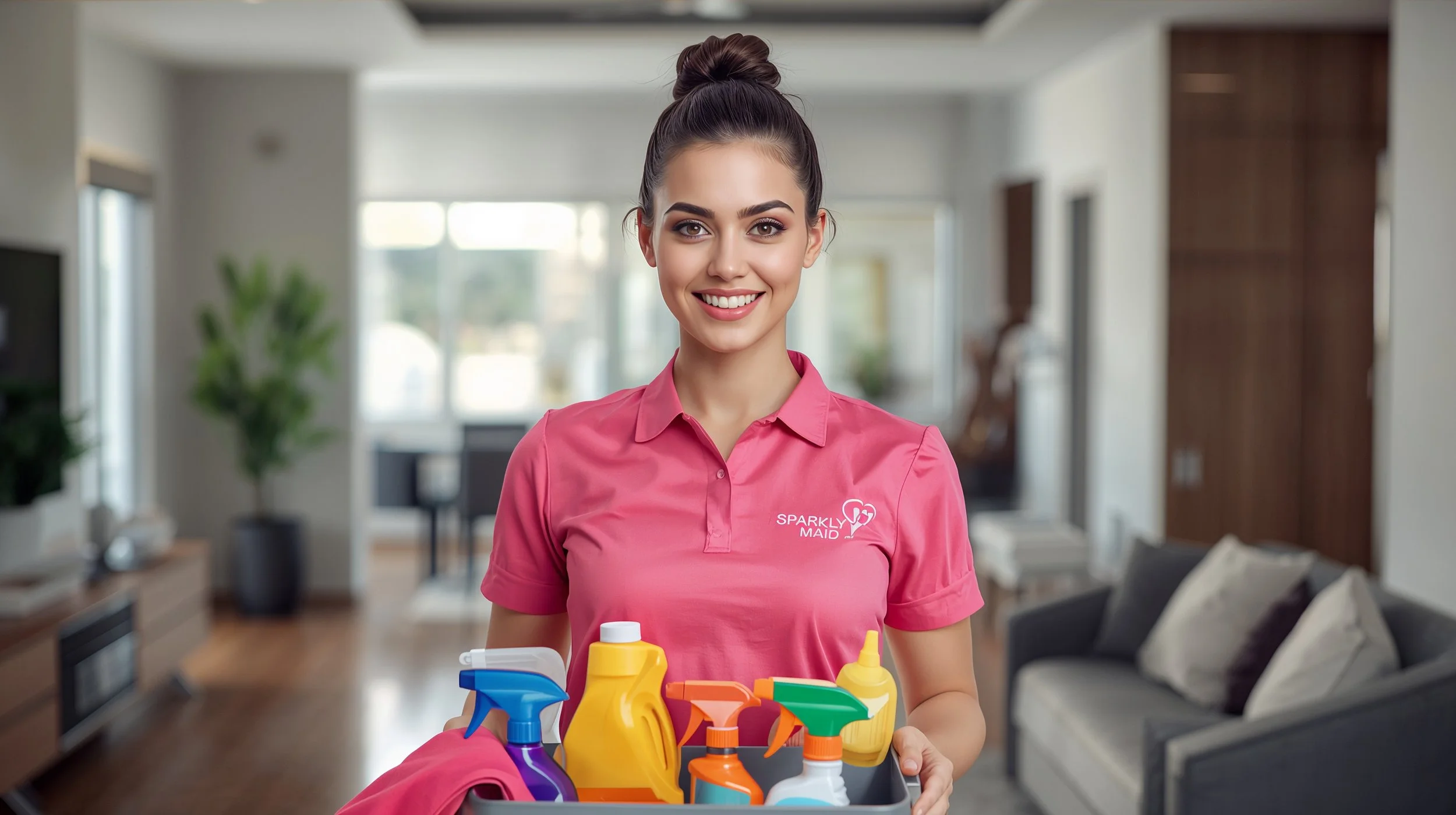 Sparkly Maid housekeeping professional holding cleaning supplies and smiling at the camera