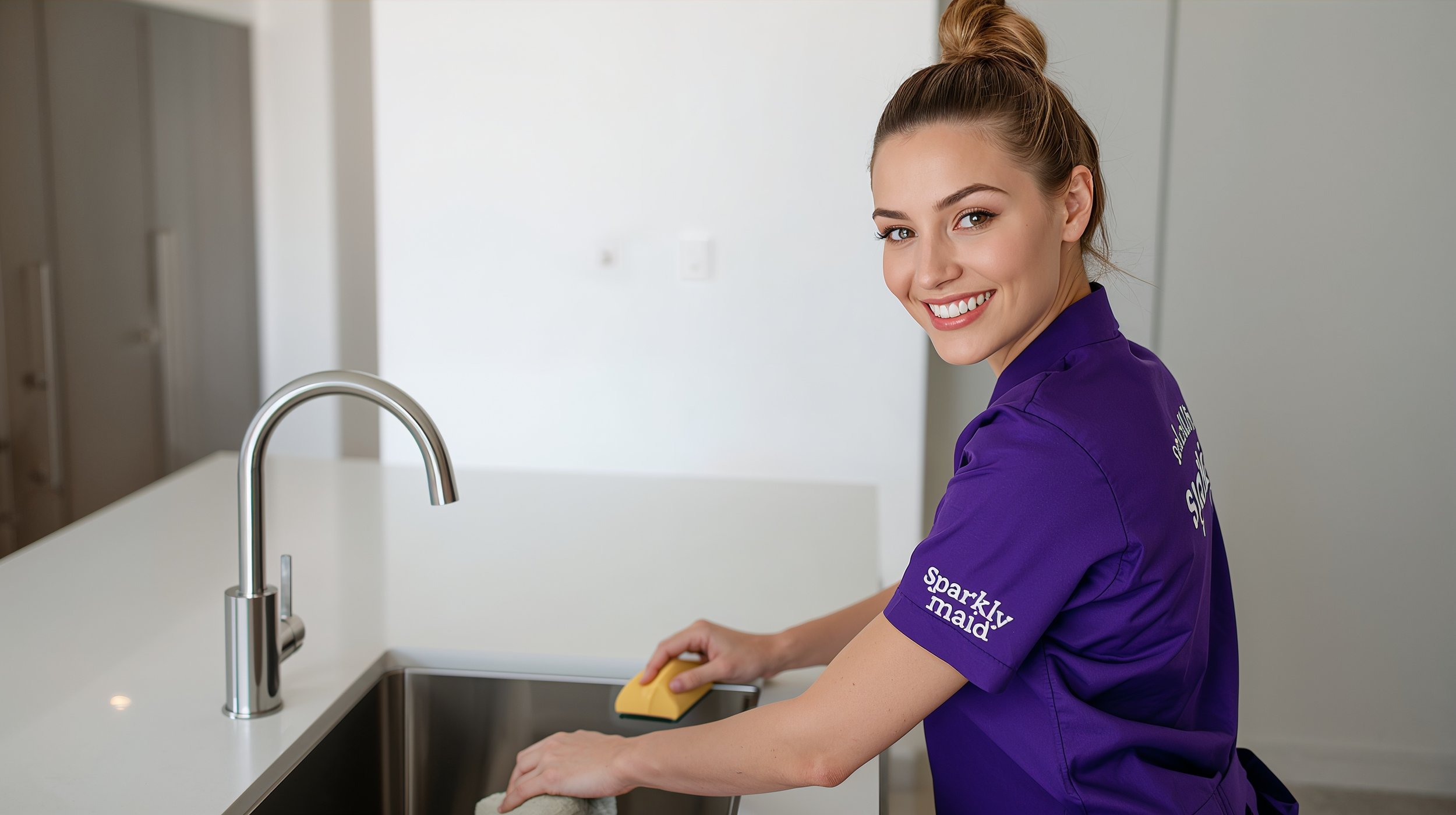 Sparkly Maid cleaner cleaning a kitchen sink in a modern apartment.