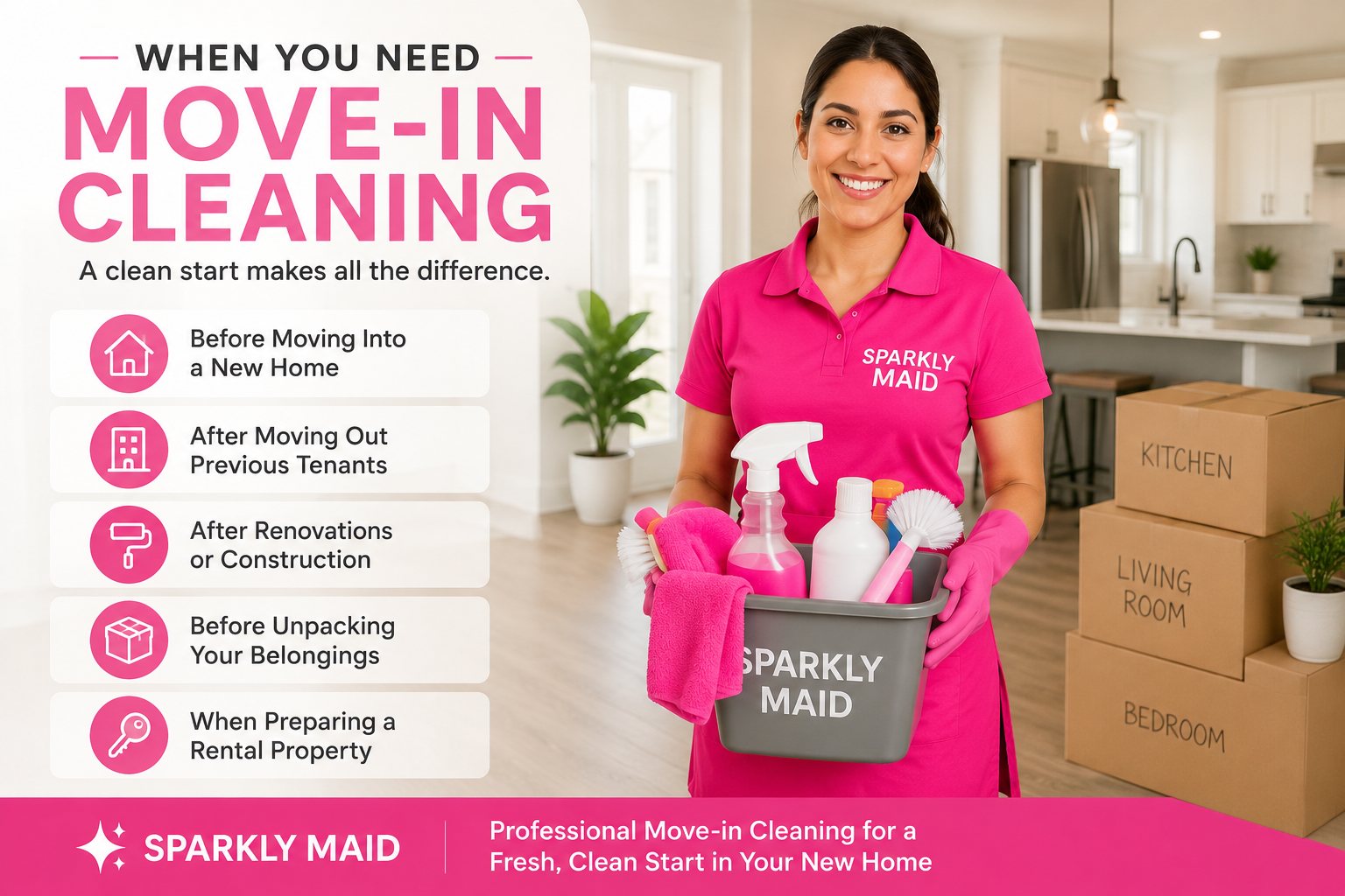 Professional Sparkly Maid cleaner holding cleaning supplies in an empty home during move-in cleaning service in Chicago.
