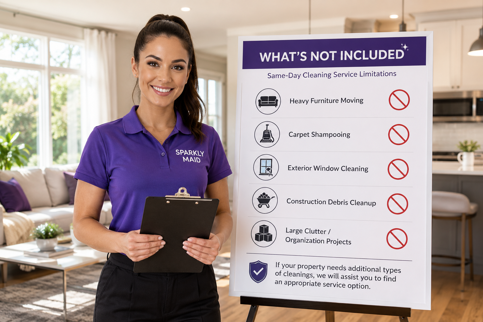 Sparkly Maid cleaner explaining same day cleaning service limitations to a homeowner