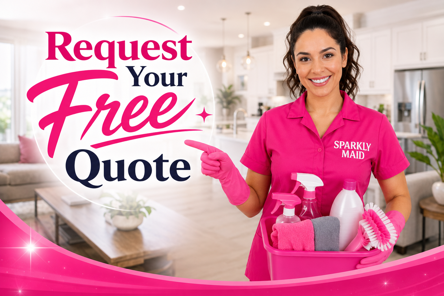 Friendly Sparkly Maid cleaning lady holding cleaning supplies and inviting homeowners to request a free quote for professional cleaning services.