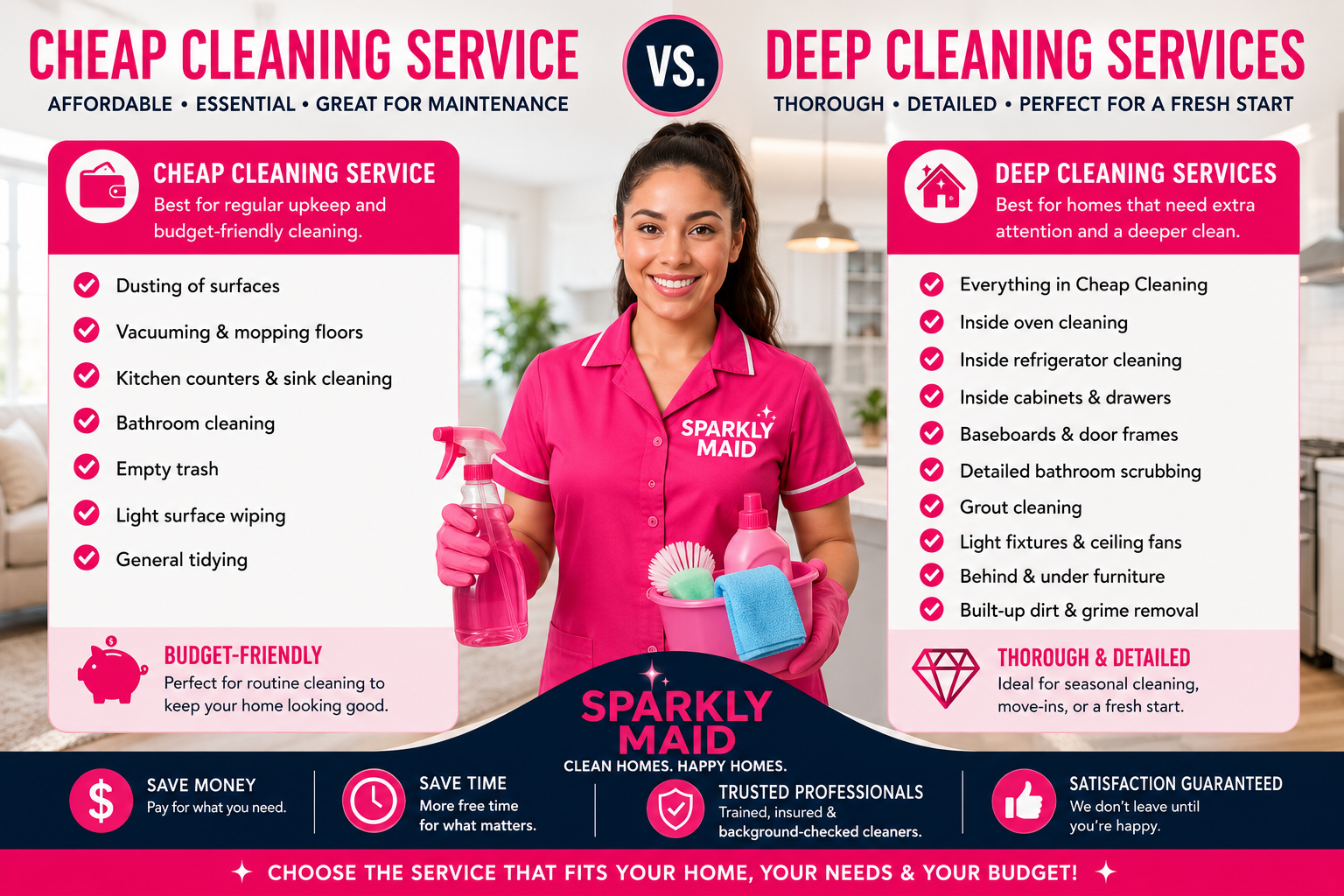 Comparison between Cheap Cleaning Service and Deep Cleaning Services by Sparkly Maid, highlighting routine maintenance cleaning versus detailed top-to-bottom deep cleaning for residential properties.