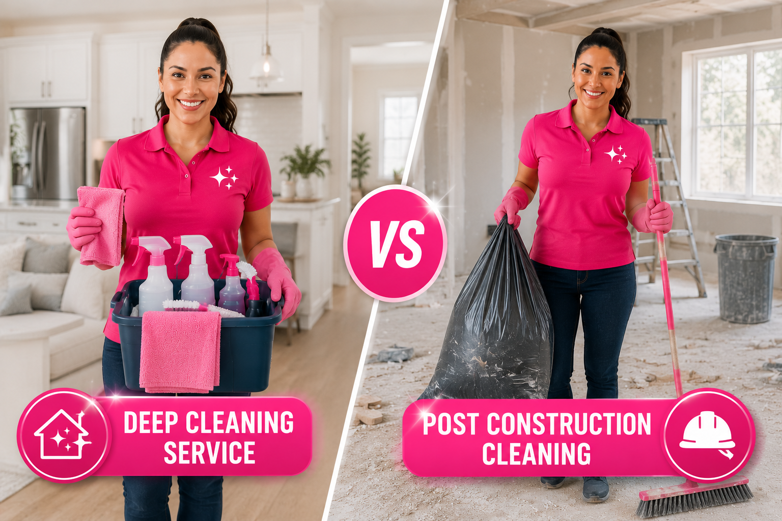 Comparison of Deep Cleaning Service and Post Construction Cleaning by Sparkly Maid featuring a cleaner in a home and a renovation cleanup environment.