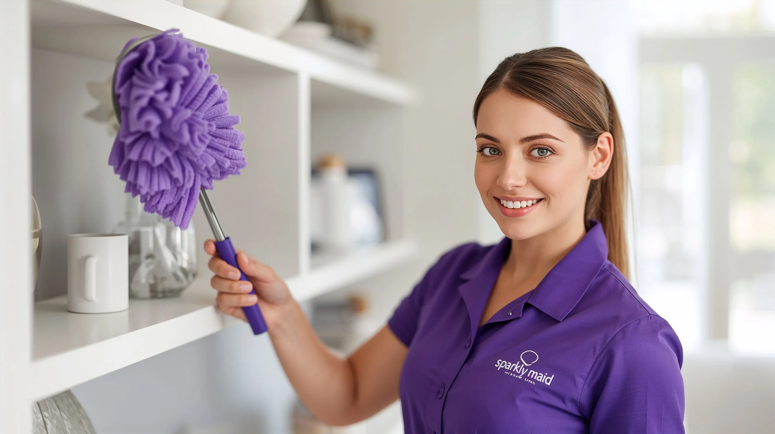 Sparkly Maid cleaner removing dust from shelves during same day cleaning