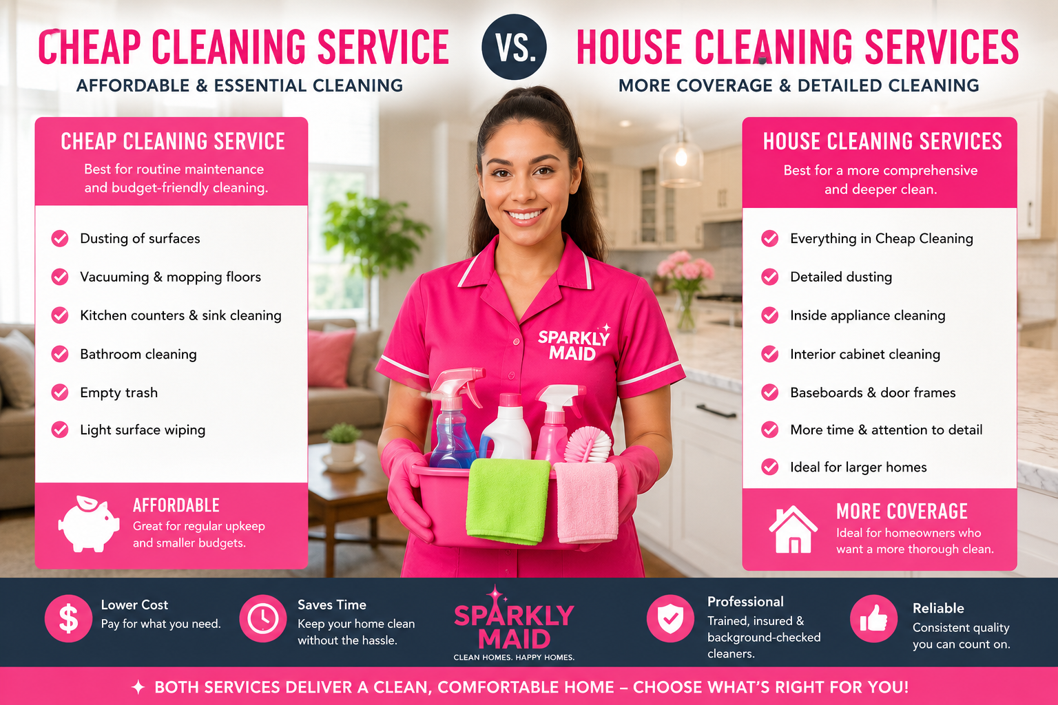 Comparison between Cheap Cleaning Service and House Cleaning Services by Sparkly Maid, showing affordable routine cleaning versus comprehensive house cleaning for Chicago homes.